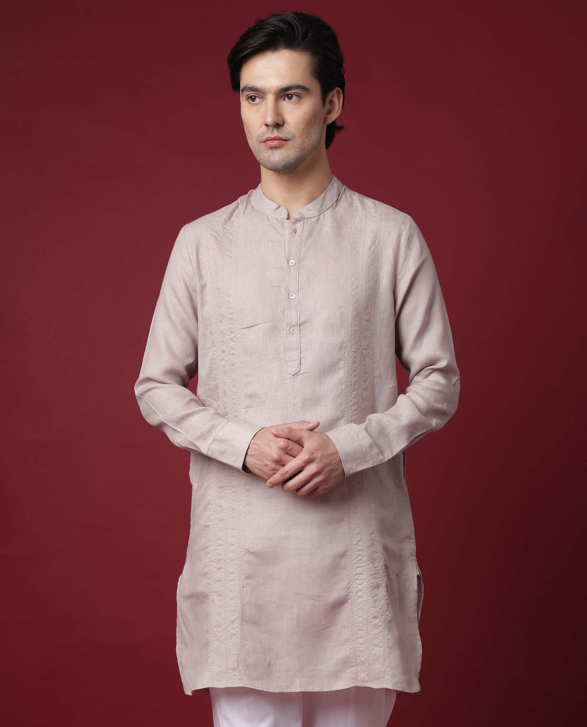 Rare Rabbit President Primary Beige Linen Fabric Full Sleeve Mandarin Collar Slim Fit Kurta