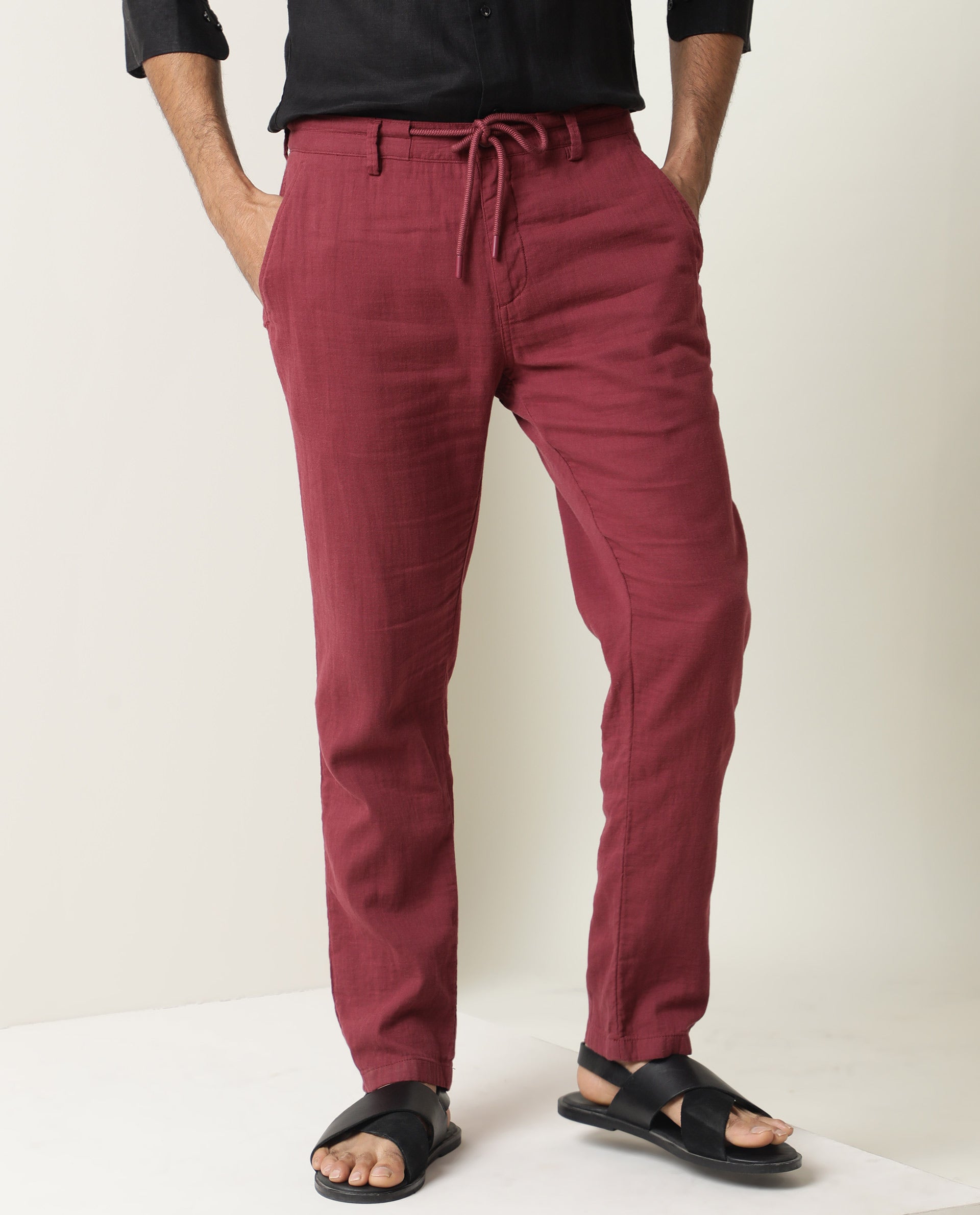 Rare Rabbit Men's Pastor Dark Red Solid Mid-Rise With Drawstring And Elastic Waistband Regular Fit Trouser