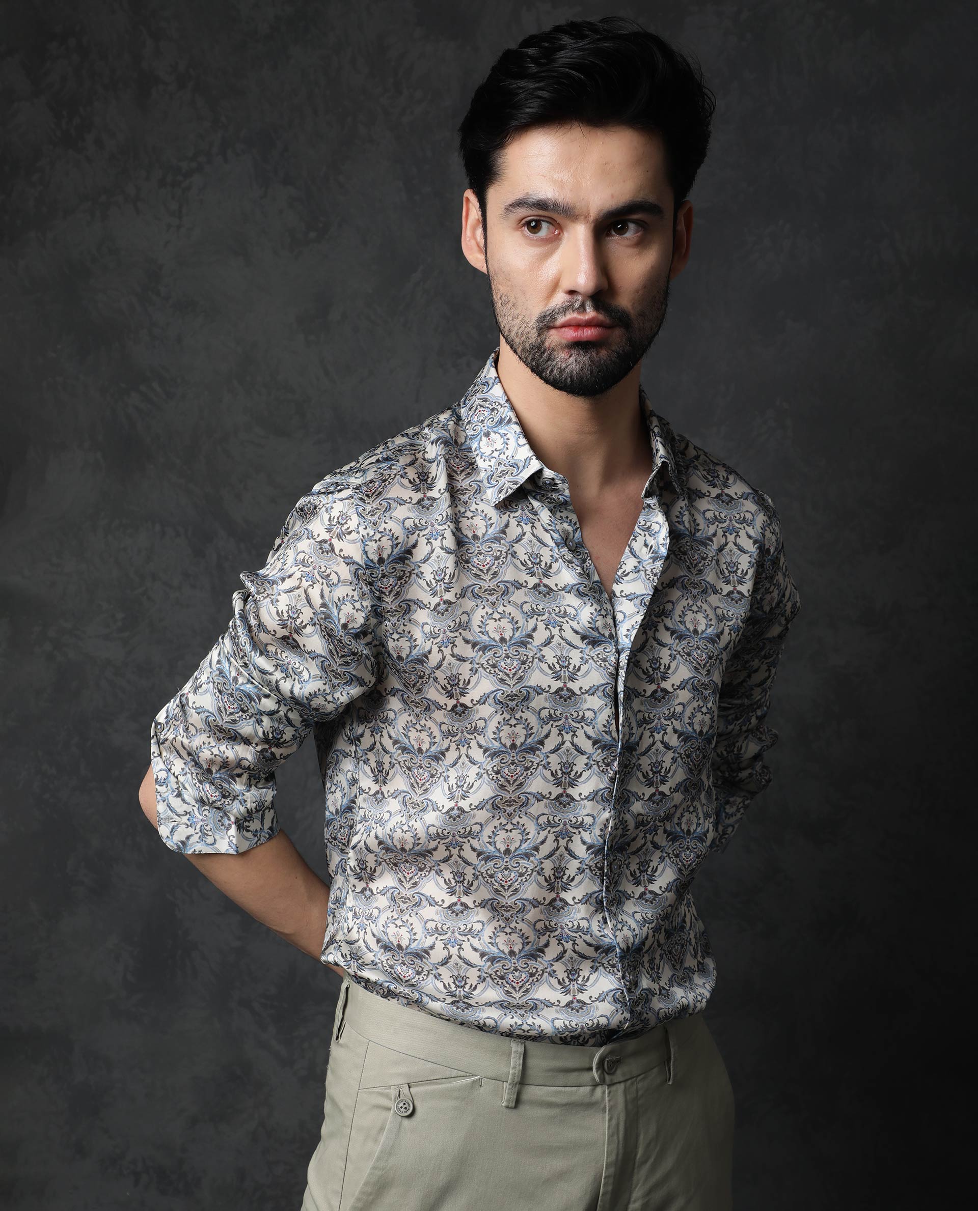 Rare Rabbit Men's Montor Beige Satin Abstract Print Full Sleeves Shirt