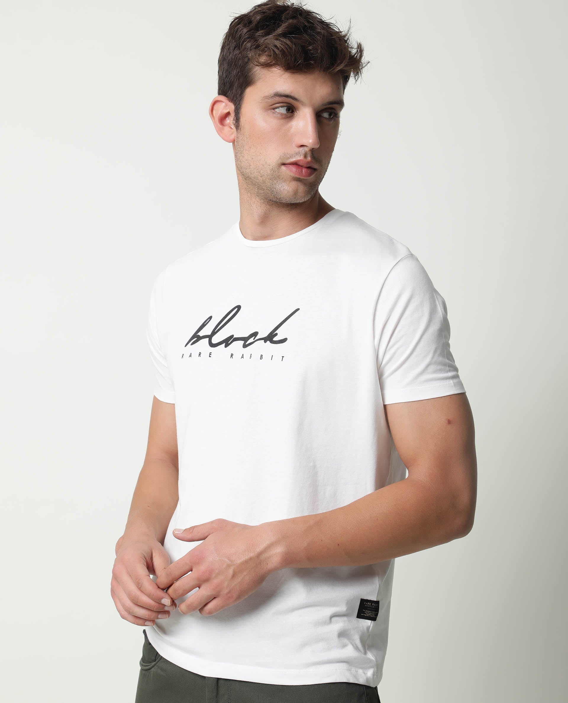 RARE RABBIT DARK PRIMARY OFFWHITE T-SHIRT COTTON FABRIC SHORT SLEEVE ROUND NECK SLIM FIT