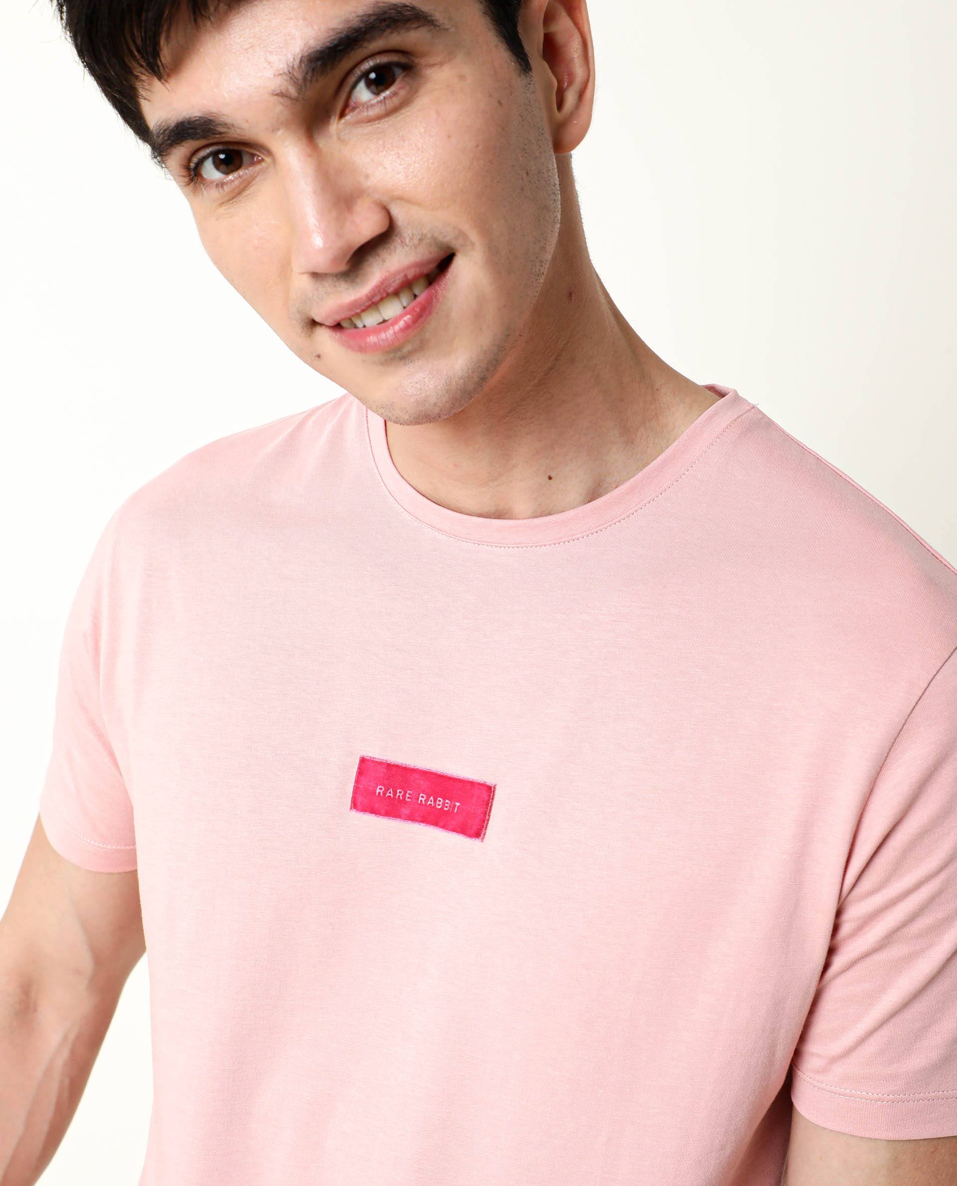 Rare Rabbit Men's Trix Peach Cotton Fabric Crew Neck Half Sleeves Slim Fit Velvet Badge Solid T-Shirt