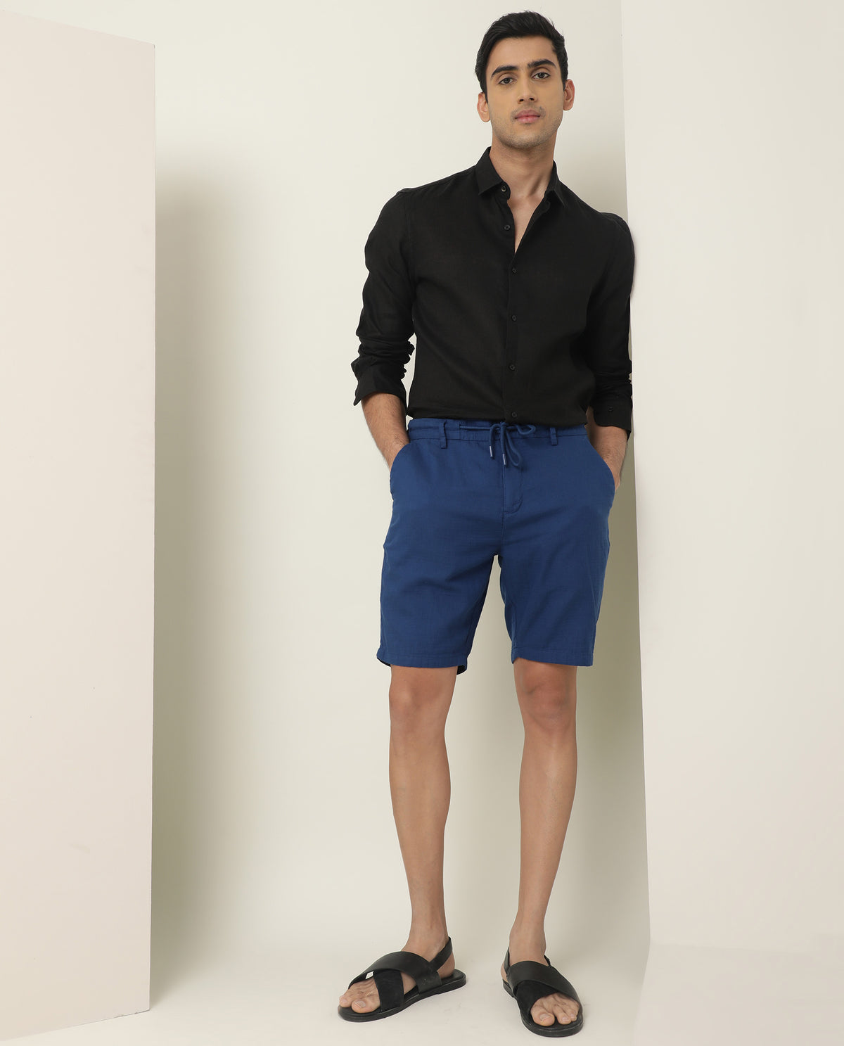 Rare Rabbit Mens Pinto Flouroscent Blue Cotton Fabric Drawstring Mid Rise Regular Fit Solid Shorts