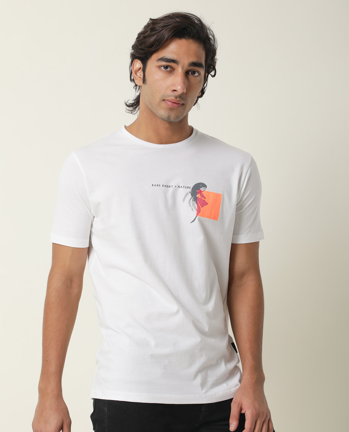 Rare Rabbit Men's Gol White Cotton Fabric Crew Neck Half Sleeves Slim Fit Graphic Print T-Shirt