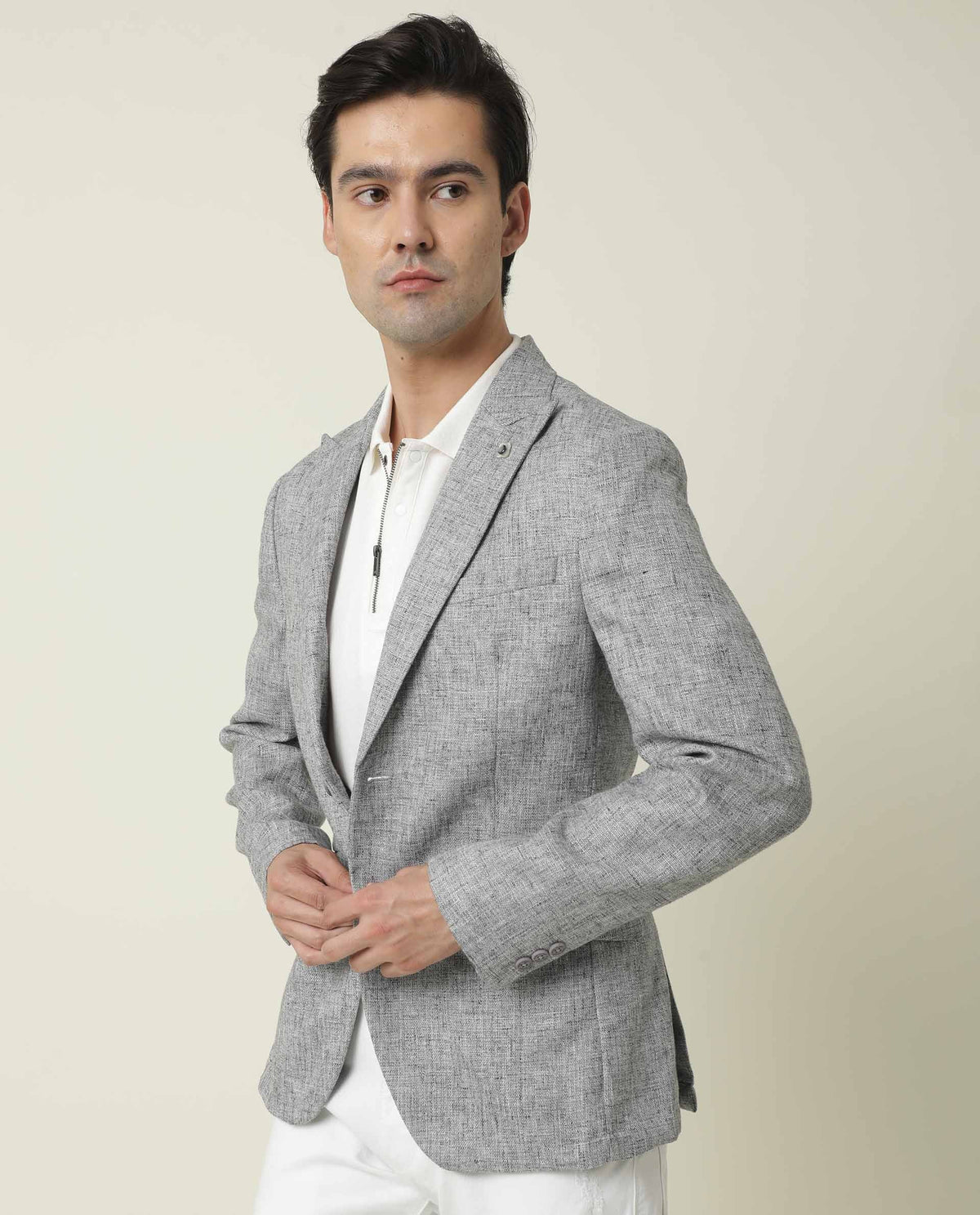 Rare Rabbit Men's Drews Grey Polyester Viscose Fabric Peak Lapel Single Breasted Tailored Fit Textured Blazer