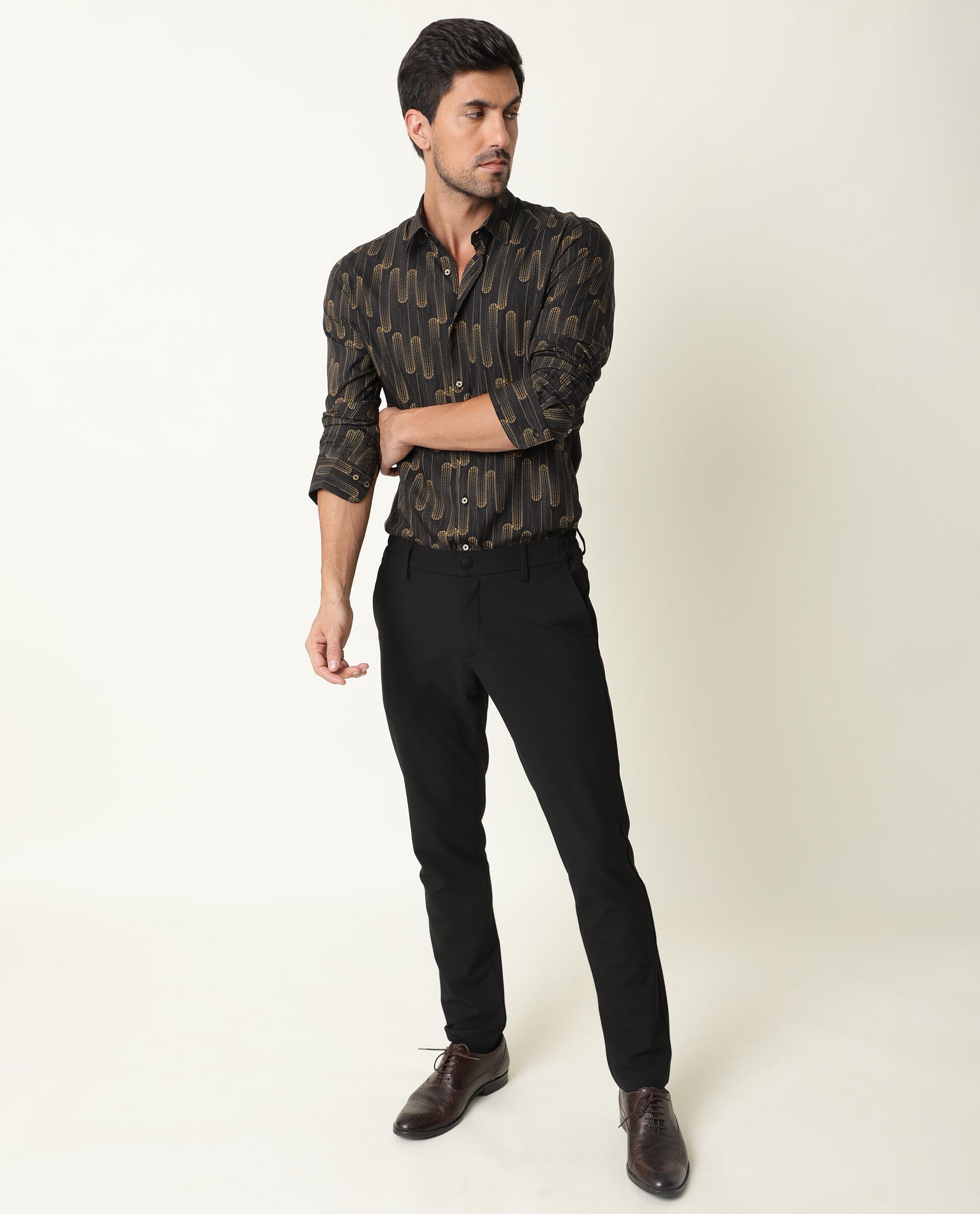 Rare Rabbit Men's Marshey Black Viscose Fabric Full Sleeves Shirt