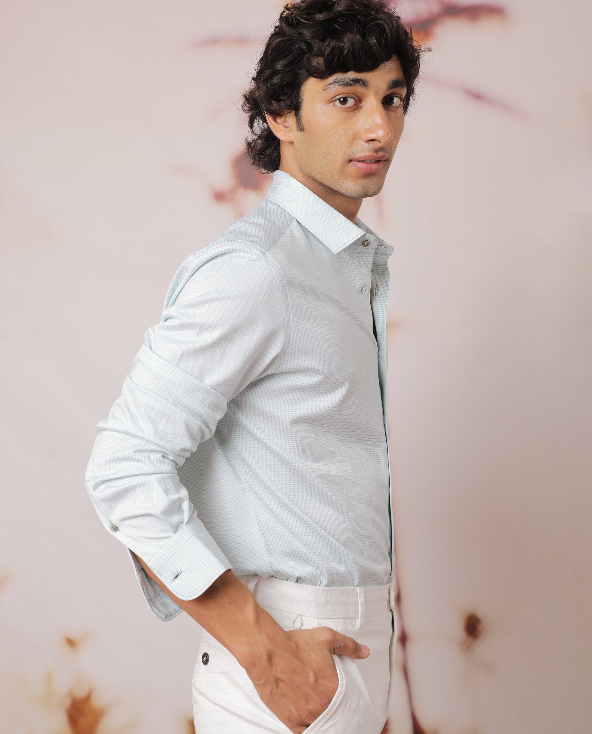 Rare Rabbit Men's Fay Pastel Green Cotton Fabric Full Sleeves Micro Checks Shirt