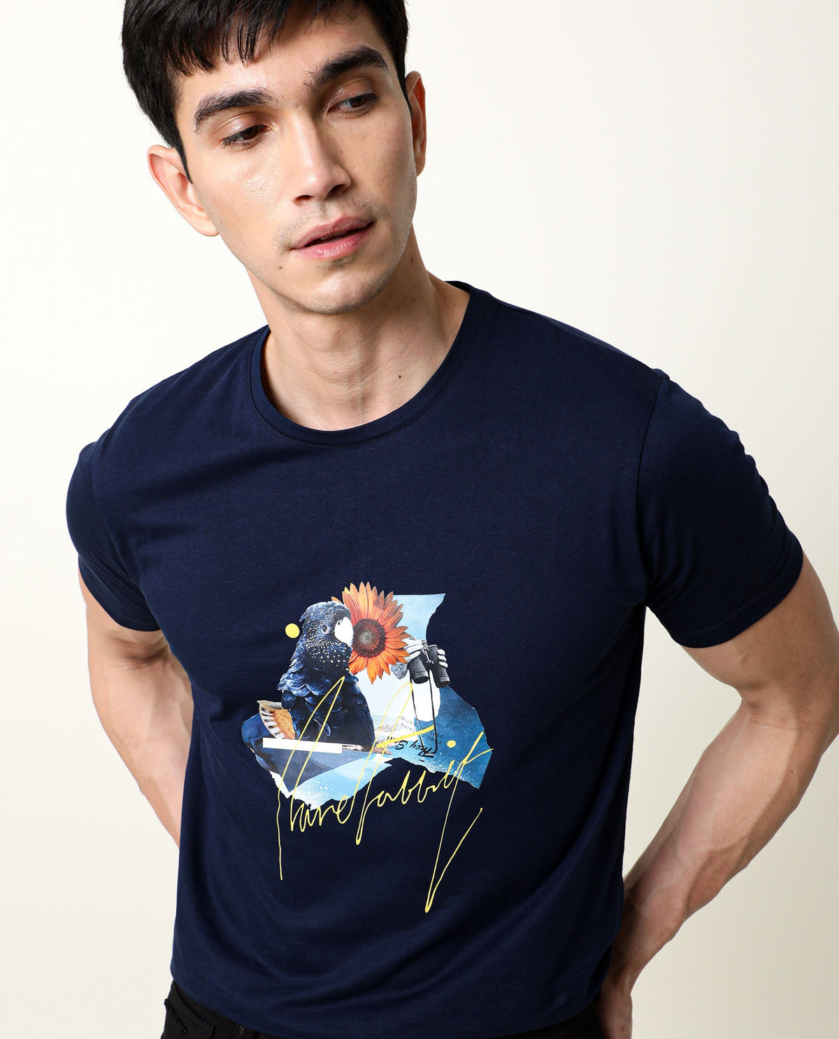 Rare Rabbit Men's Collage Navy Cotton Fabric Crew Neck Half Sleeves Slim Fit Graphic Print T-Shirt
