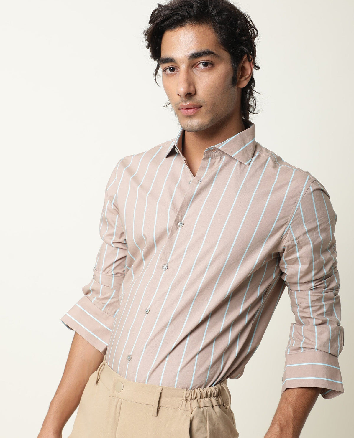 RARE RABBIT MEN'S MORAS BEIGE SHIRT COTTON FABRIC COLLARED NECK FULL SLEEVES