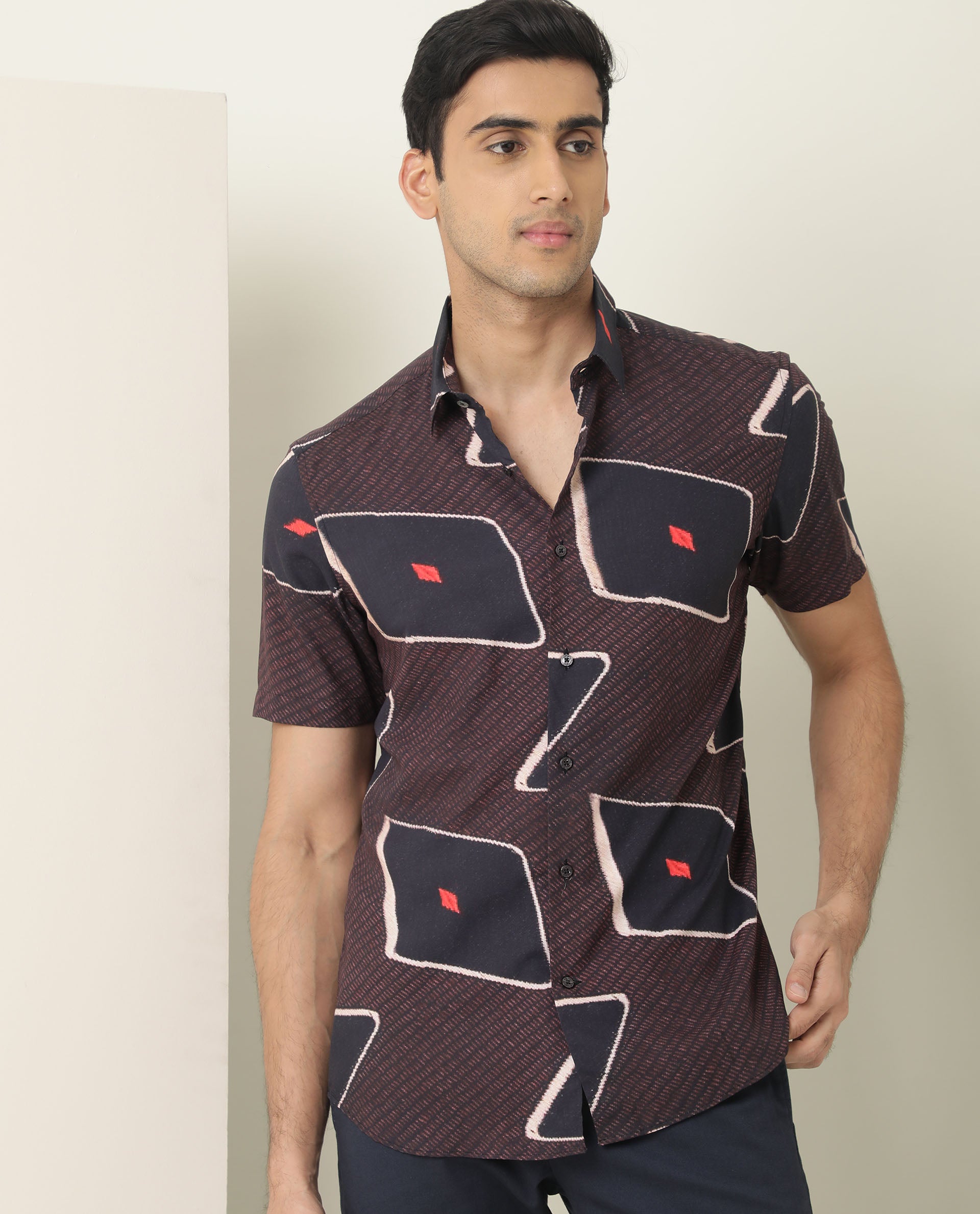 Rare Rabbit Men's Nistic Brown Viscose Fabric Geometric Print Half Sleeves Shirt