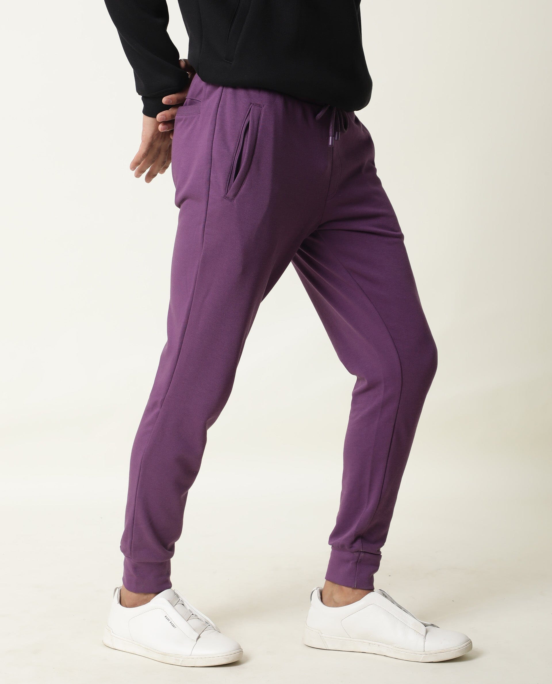 Rare Rabbit Arvon Primary Purple Track Pant Cotton Poly Fabric Slim Fit Drawsting Closure