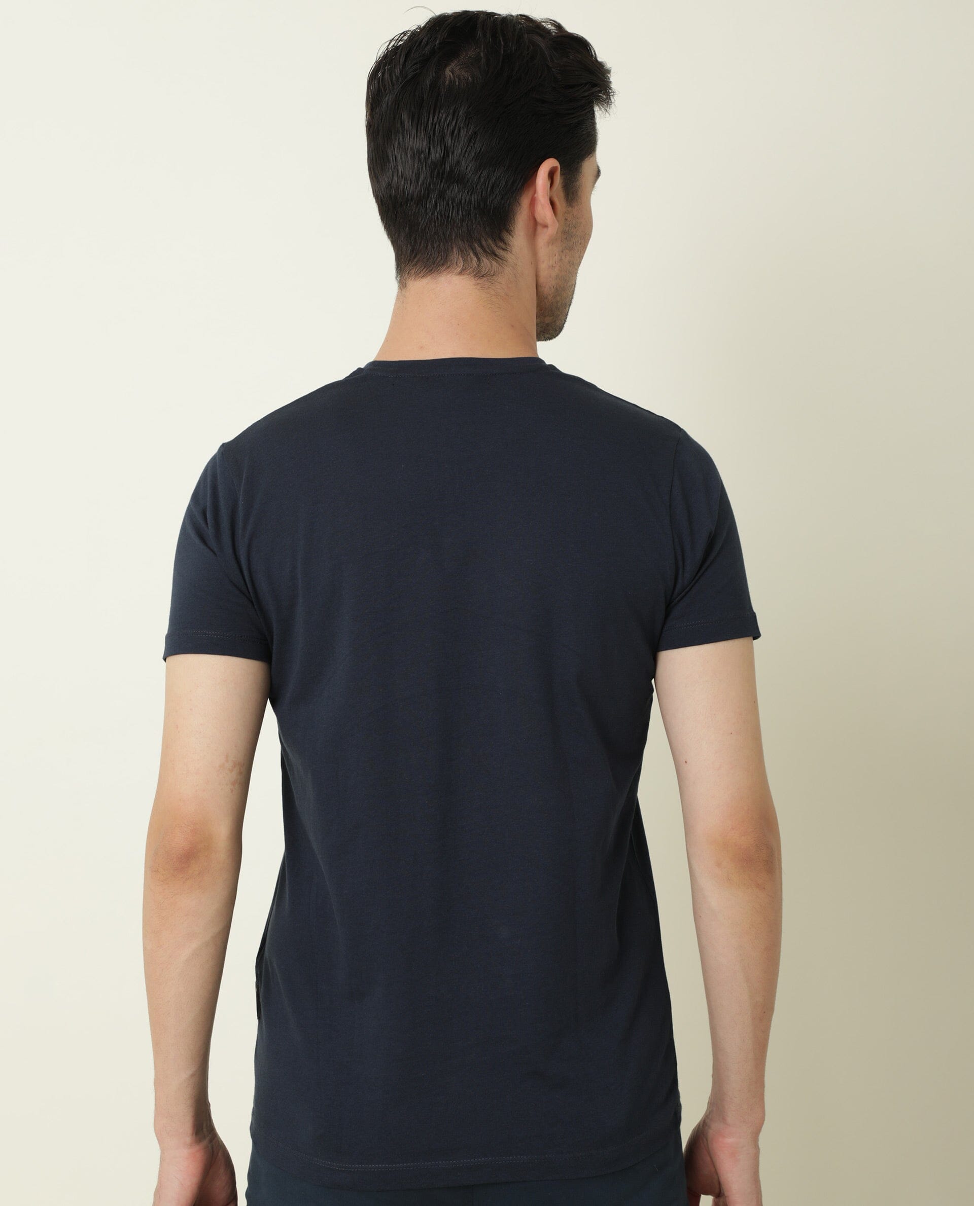 Rare Rabbit Men's Hegon Navy Crew Neck HD Printed Half Sleeves Slim Fit T-Shirt
