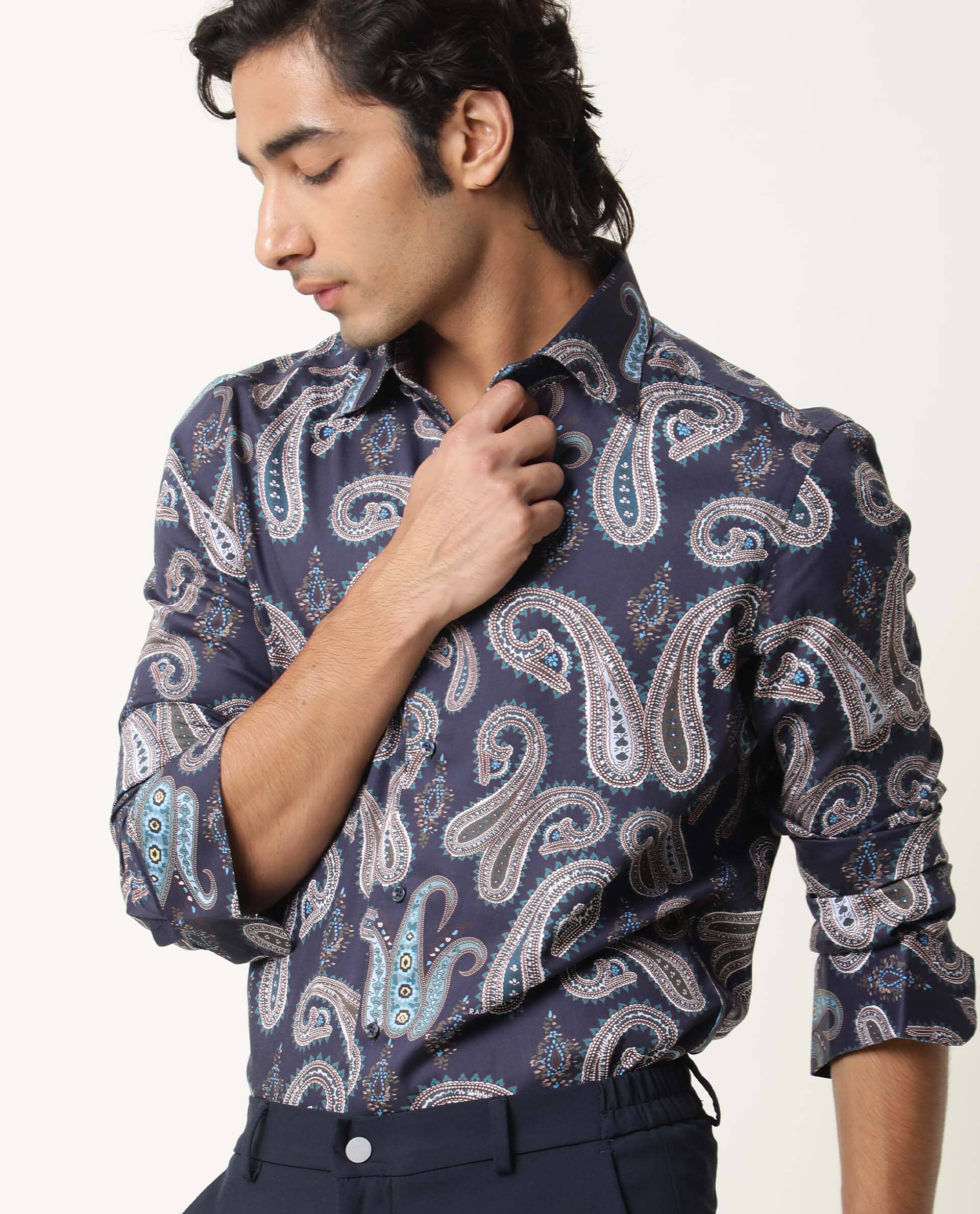 RARE RABBIT MEN'S PAZZO NAVY SHIRT COTTON FABRIC COLLARED NECK FULL SLEEVES BUTTON CLOSURE SLIM FIT