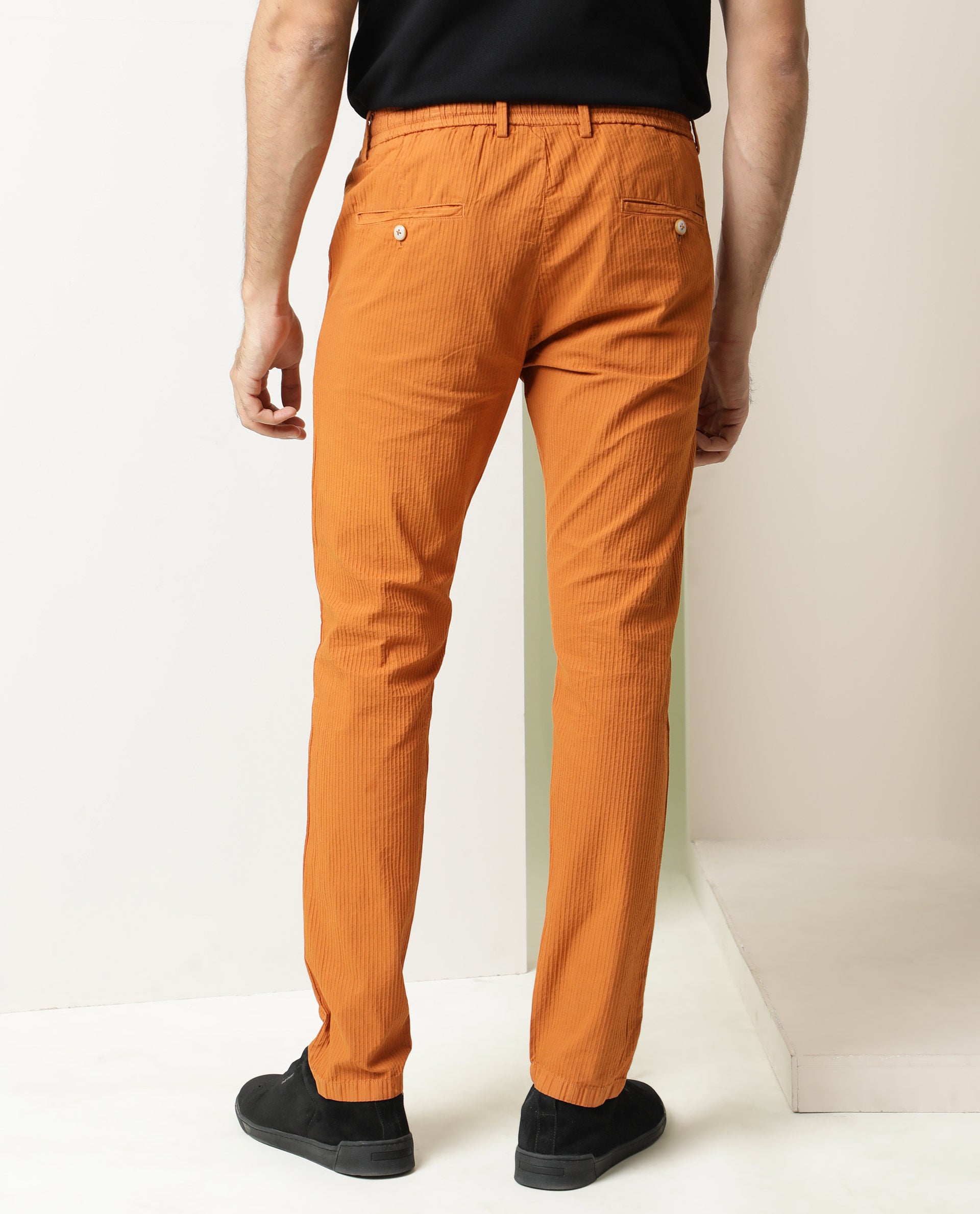 Rare Rabbit Men's Monter Orange Stripe Dobby Mid-Rise With Drawstring And Elastic Waistband Regular Fit Trouser