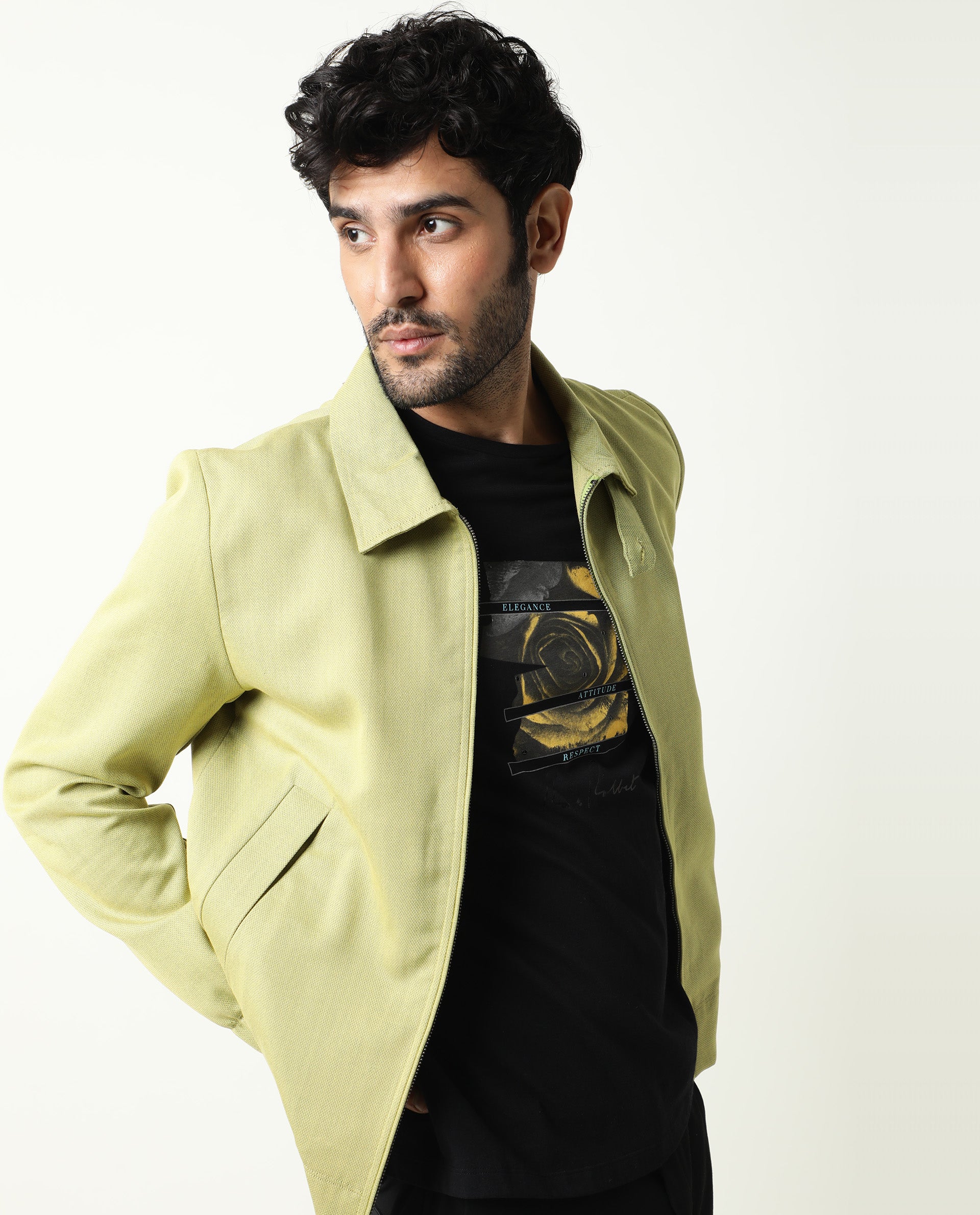 Rare Rabbit Men'S Bric Yellow Jacket Polyester Viscose Fabric Collared Neck Full Sleeves Zipper Closure Slim Fit