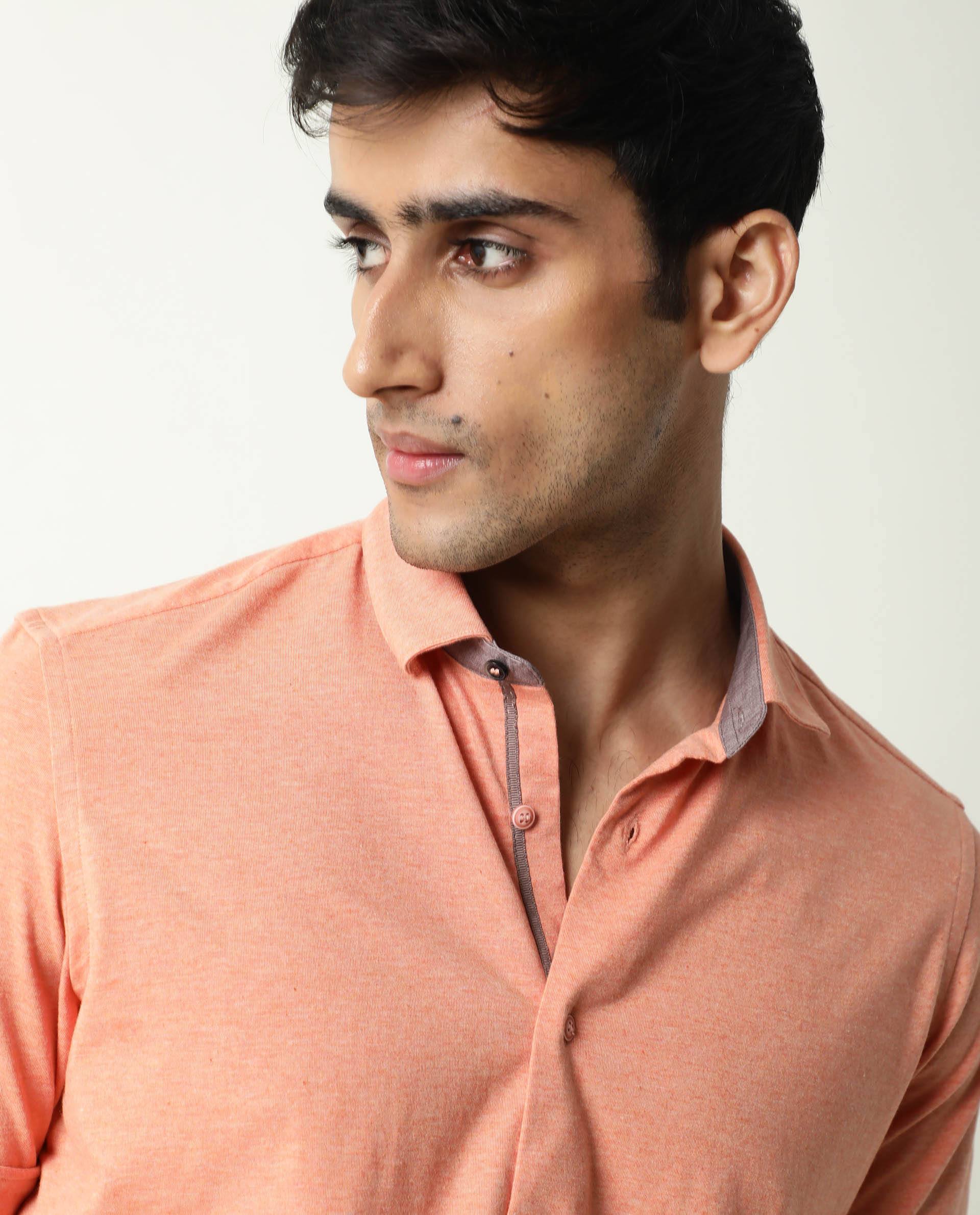 Rare Rabbit Men's Miraj Orange Cotton Fabric Half Sleeves Knitted Shirt