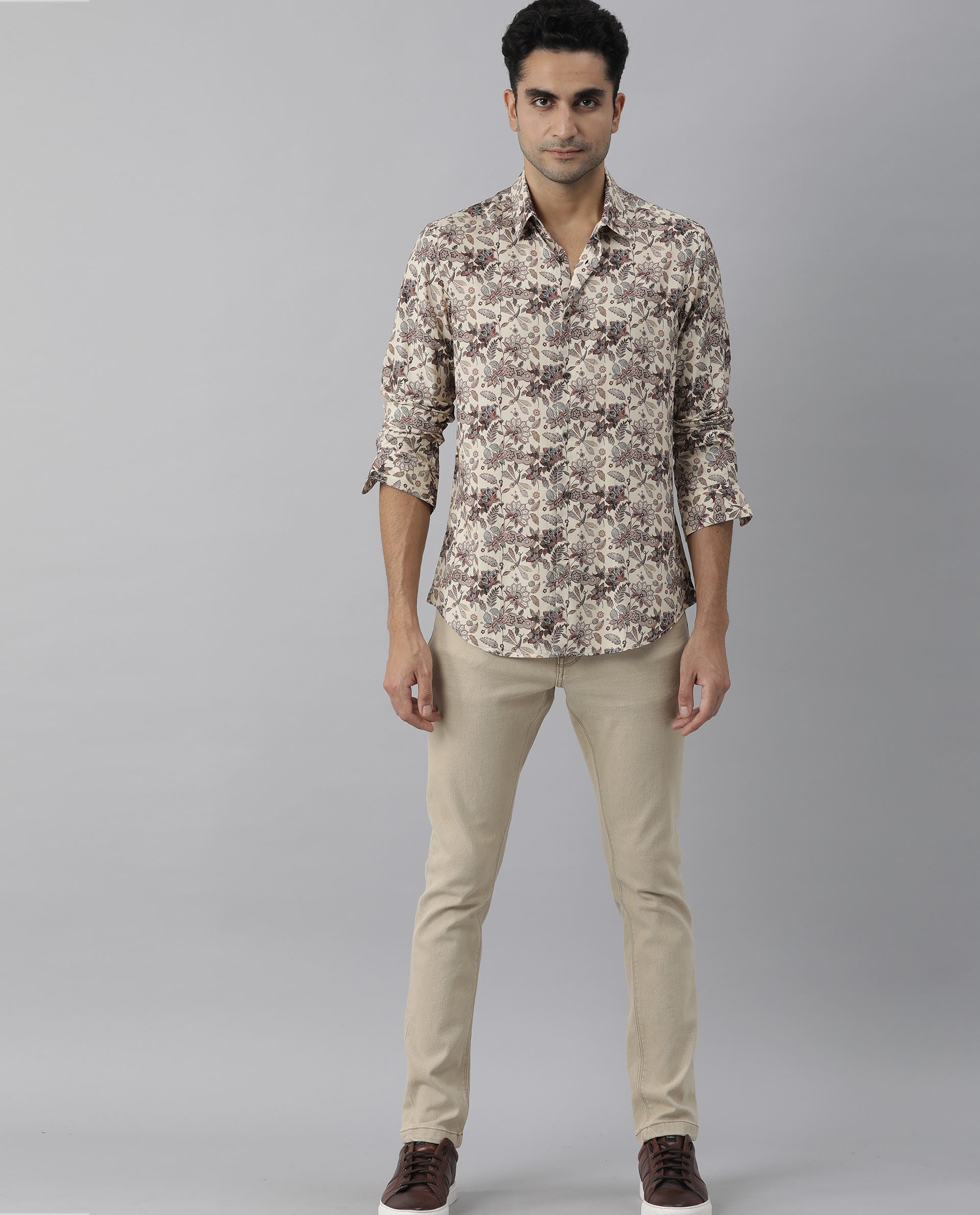 Rare Rabbit Men's Ravell Beige Cotton Viscose Fabric Full Sleeves Floral Print Shirt