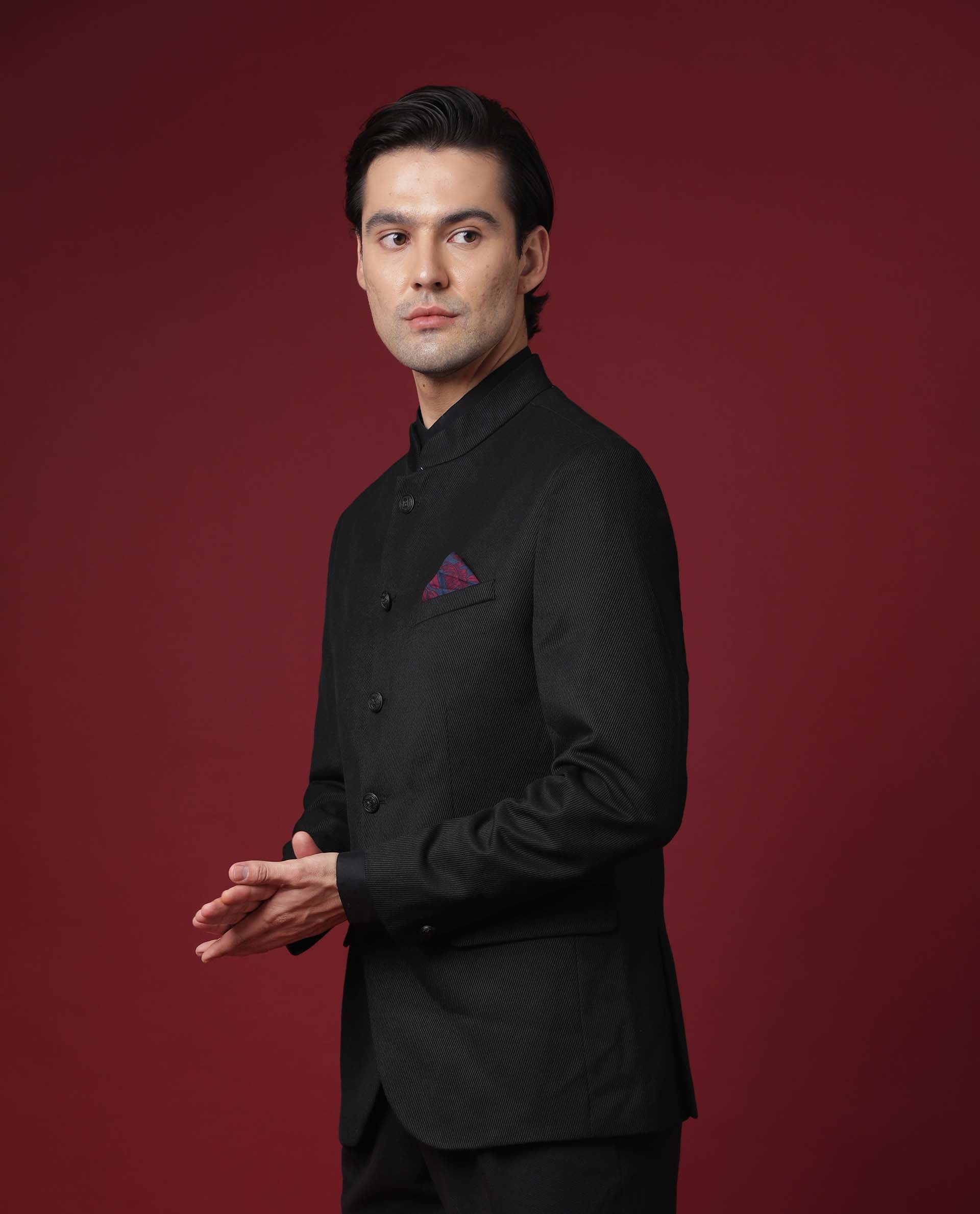 Rare Rabbit Men's Edit Band Black Mandarin Collar Tailored Fit Twill Textured Bandhgala