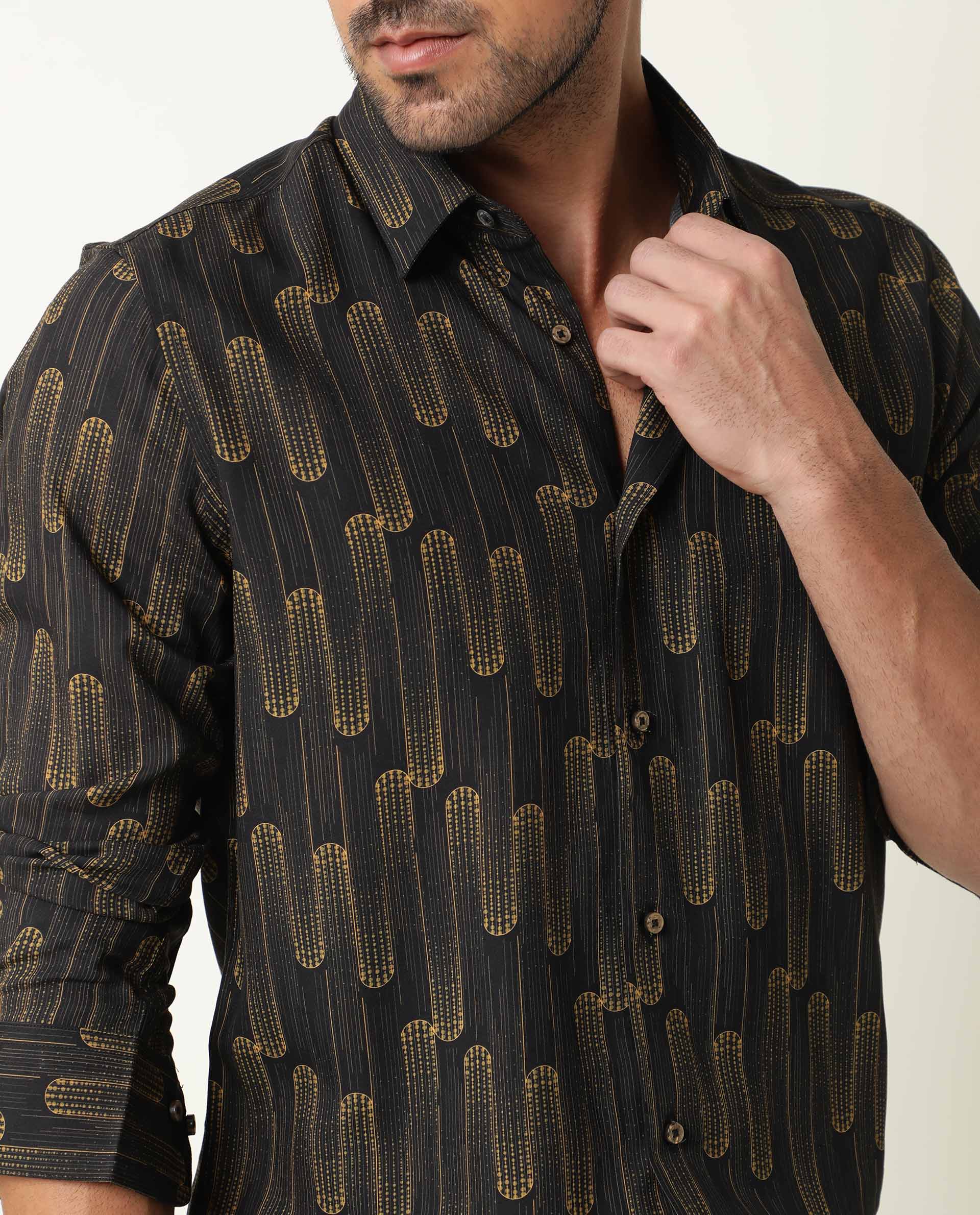 Rare Rabbit Men's Marshey Black Viscose Fabric Full Sleeves Shirt