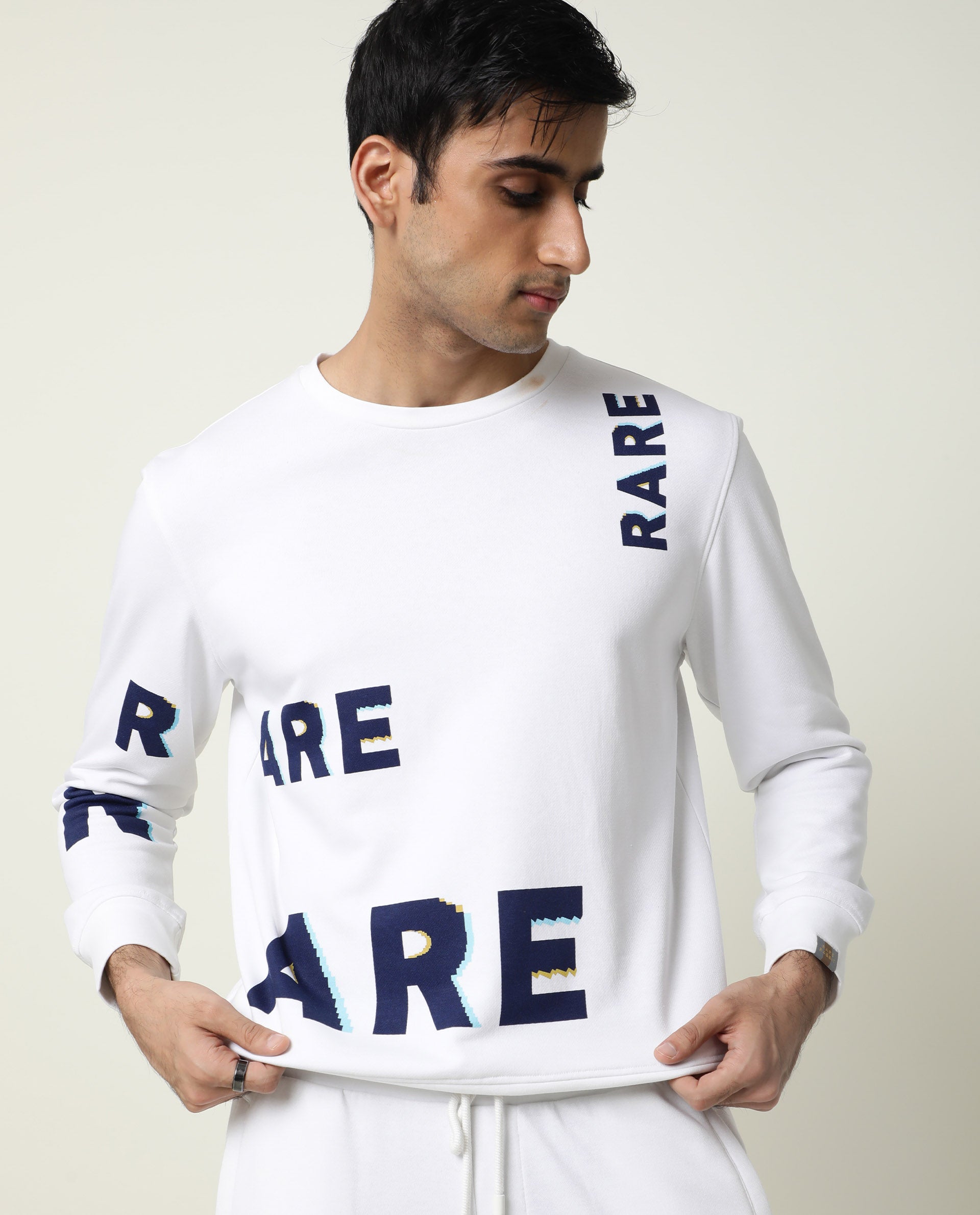 Rare Rabbit Men's Clovis White Cotton Polyester Fabric Full Sleeves Graphic Statement Print Sweatshirt