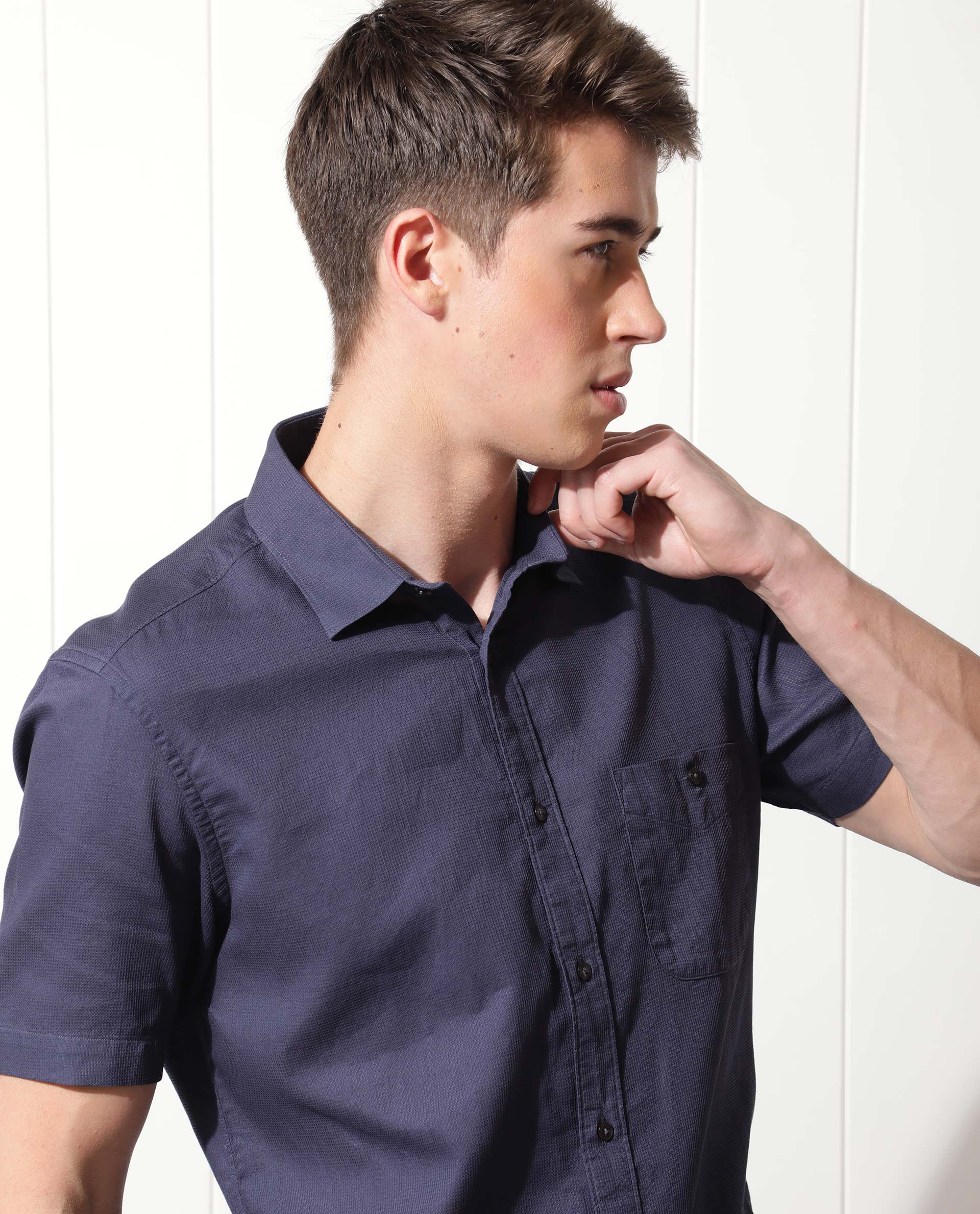 Rare Rabbit Men's Affle Dark Purple Dobby Fabric Half Sleeves Solid Shirt