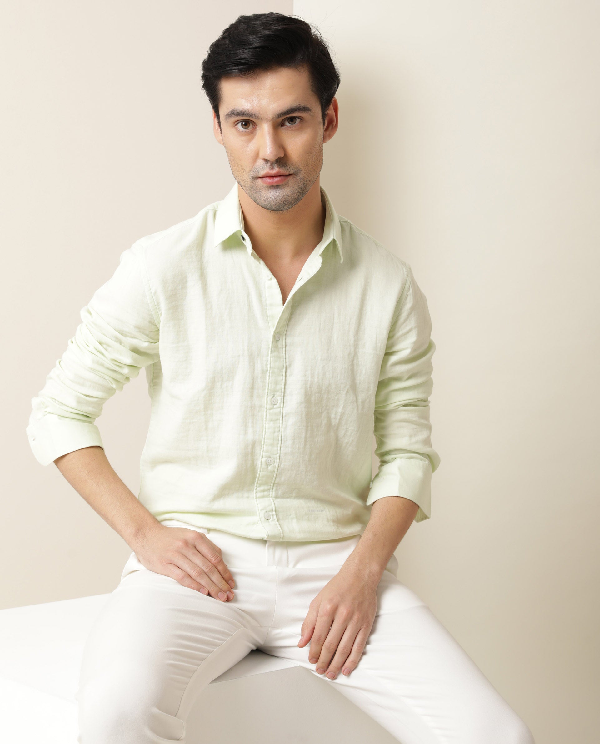 Rare Rabbit Men's Layerr Light Green Cotton Fabric Full Sleeves Solid Shirt