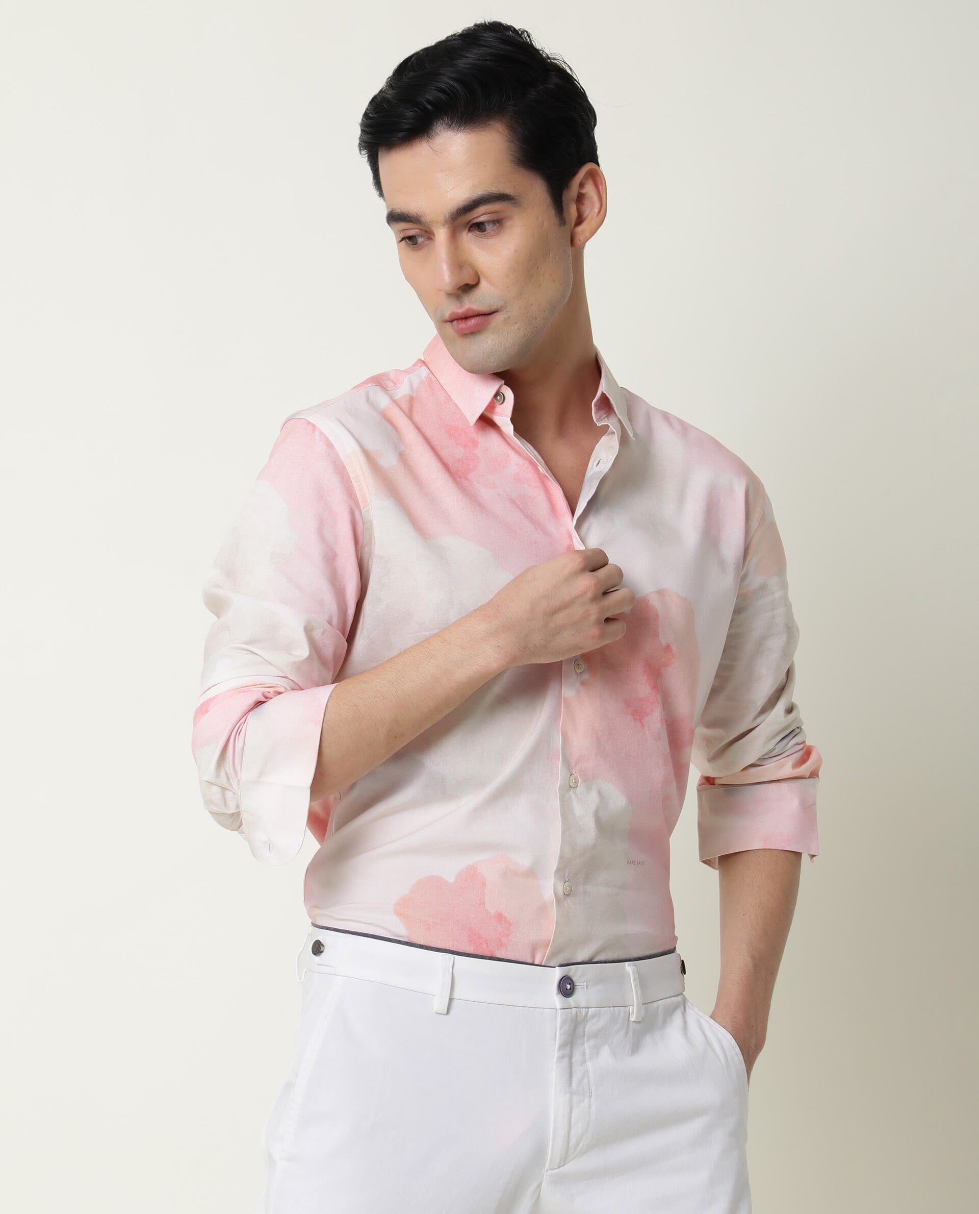 Rare Rabbit Men's Fife Pink Viscose Fabric Full Sleeves Abstract Print Shirt