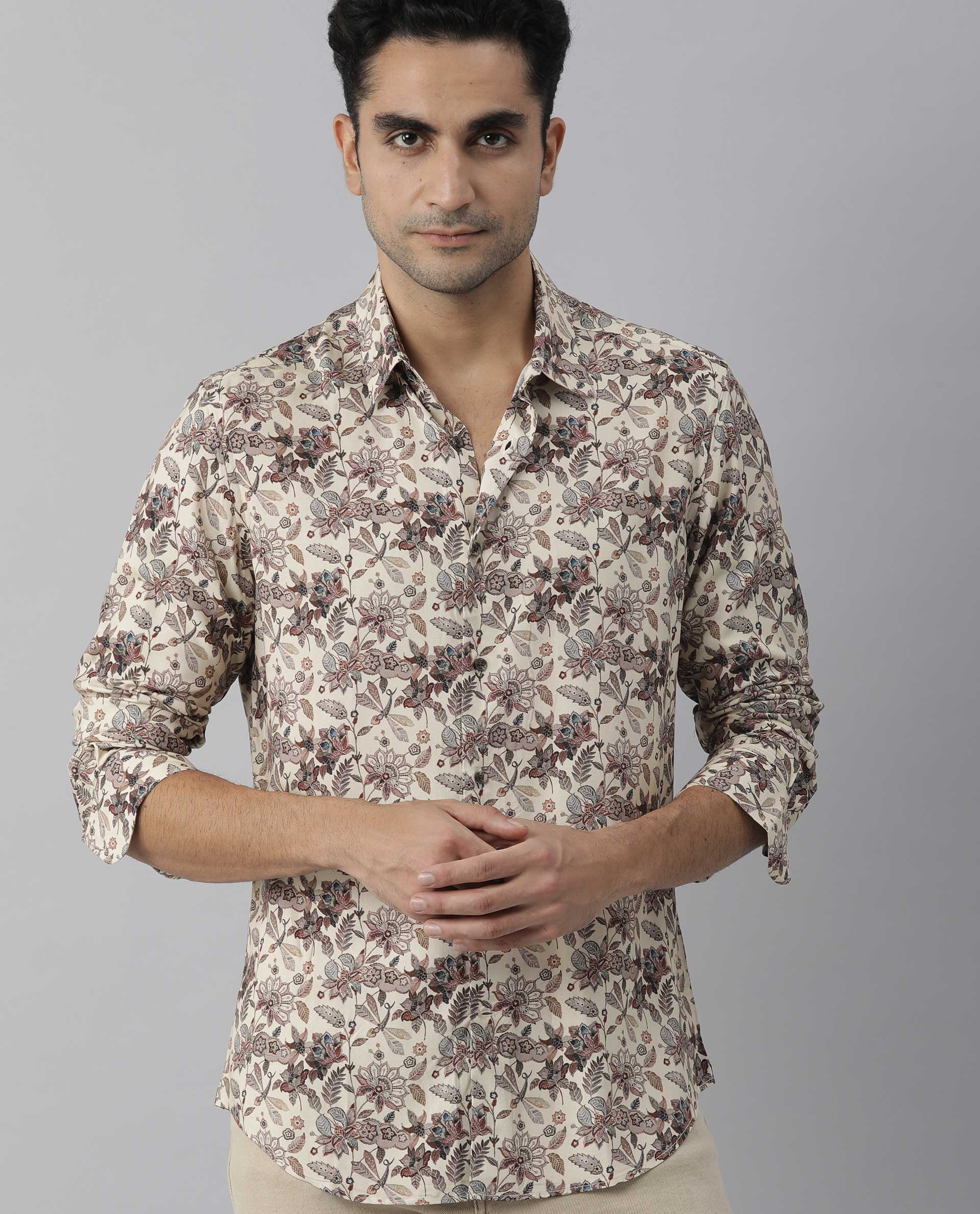 Rare Rabbit Men's Ravell Beige Cotton Viscose Fabric Full Sleeves Floral Print Shirt
