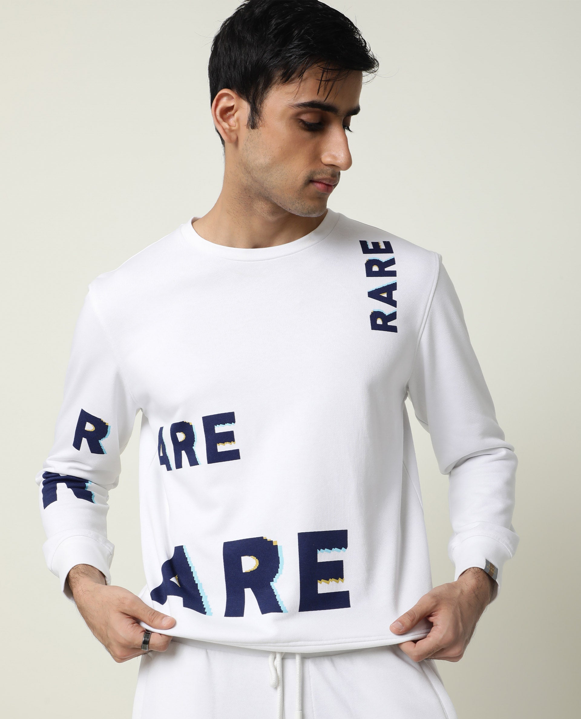 Rare Rabbit Men's Clovis White Cotton Polyester Fabric Full Sleeves Graphic Statement Print Sweatshirt