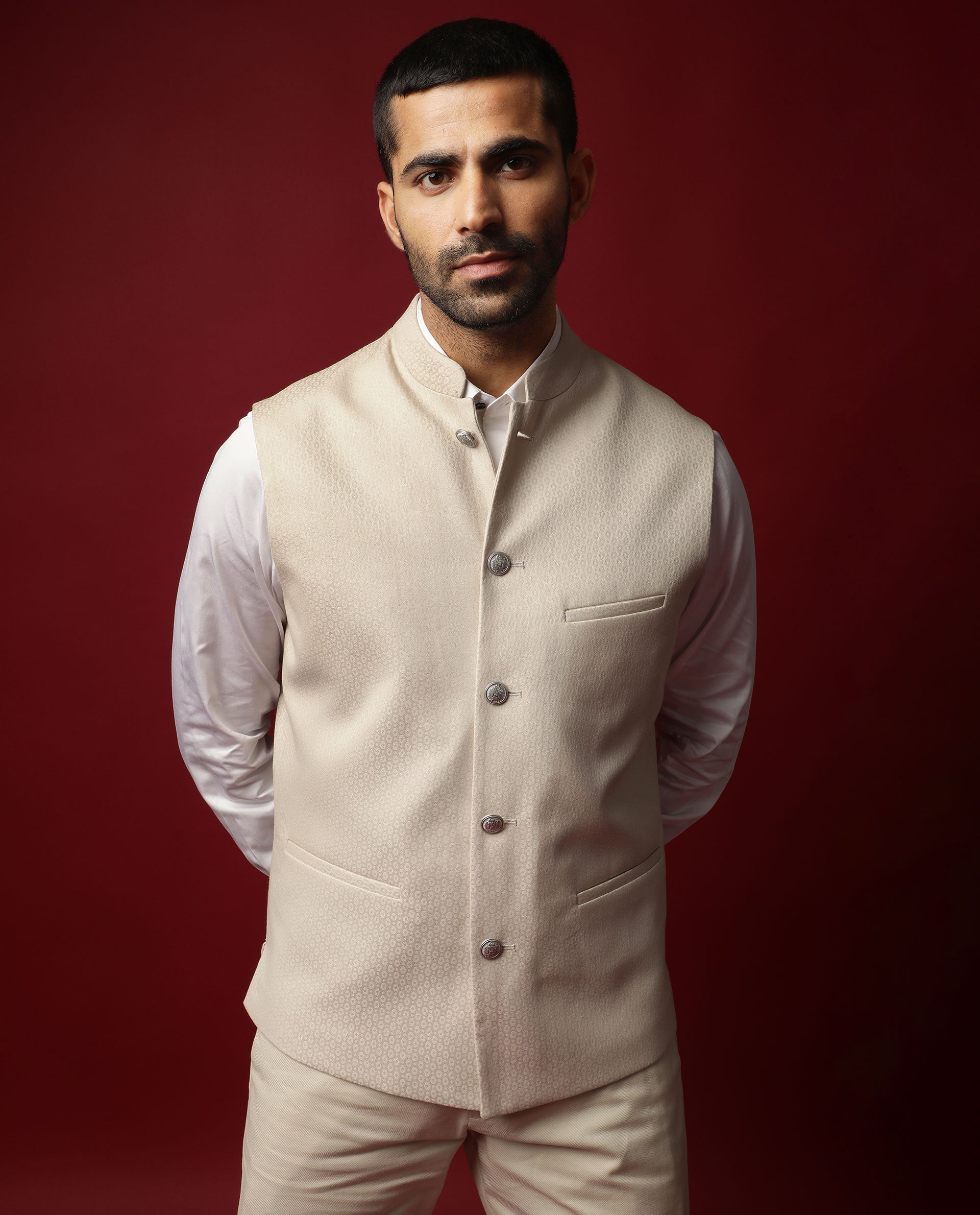 Rare Rabbit Men's Oakla Beige Mandarin Collar Tailored Fit Geometric Jacquard Bandi