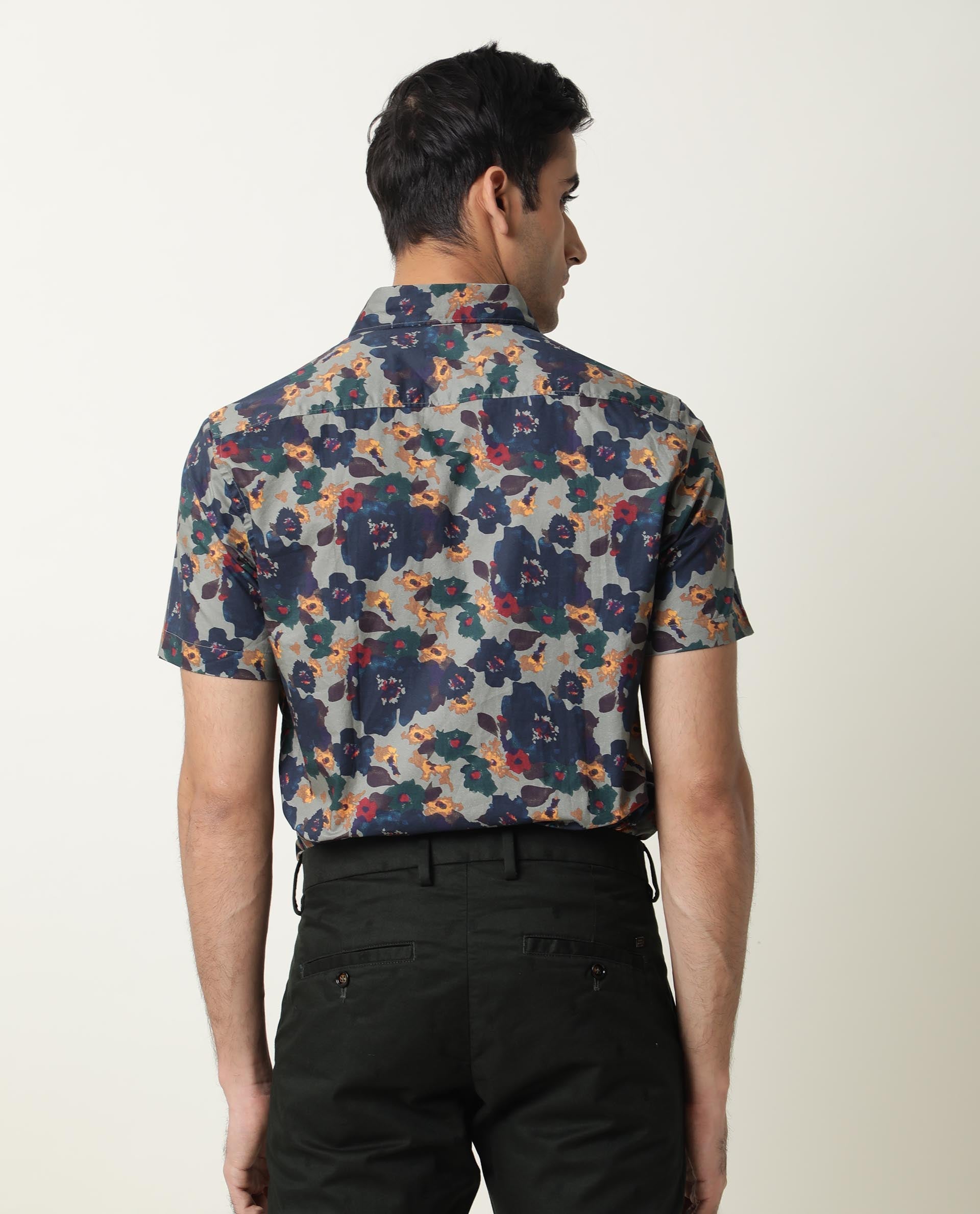 Rare Rabbit Men's Vishh Green Poplin Floral Printed Half Sleeves Shirt