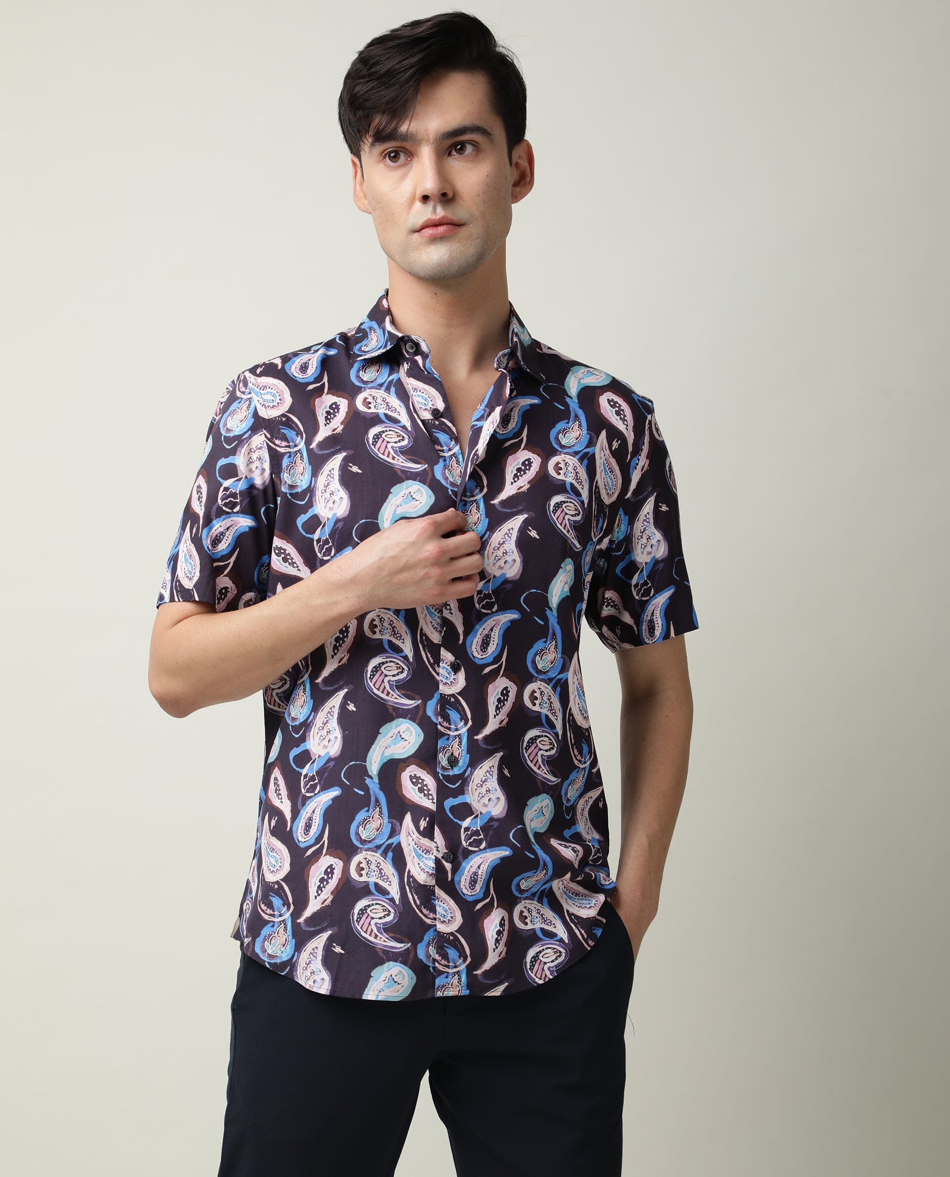 Rare Rabbit Men's Ivy Ss Navy Viscose Fabric Paisley Print Half Sleeves Shirt