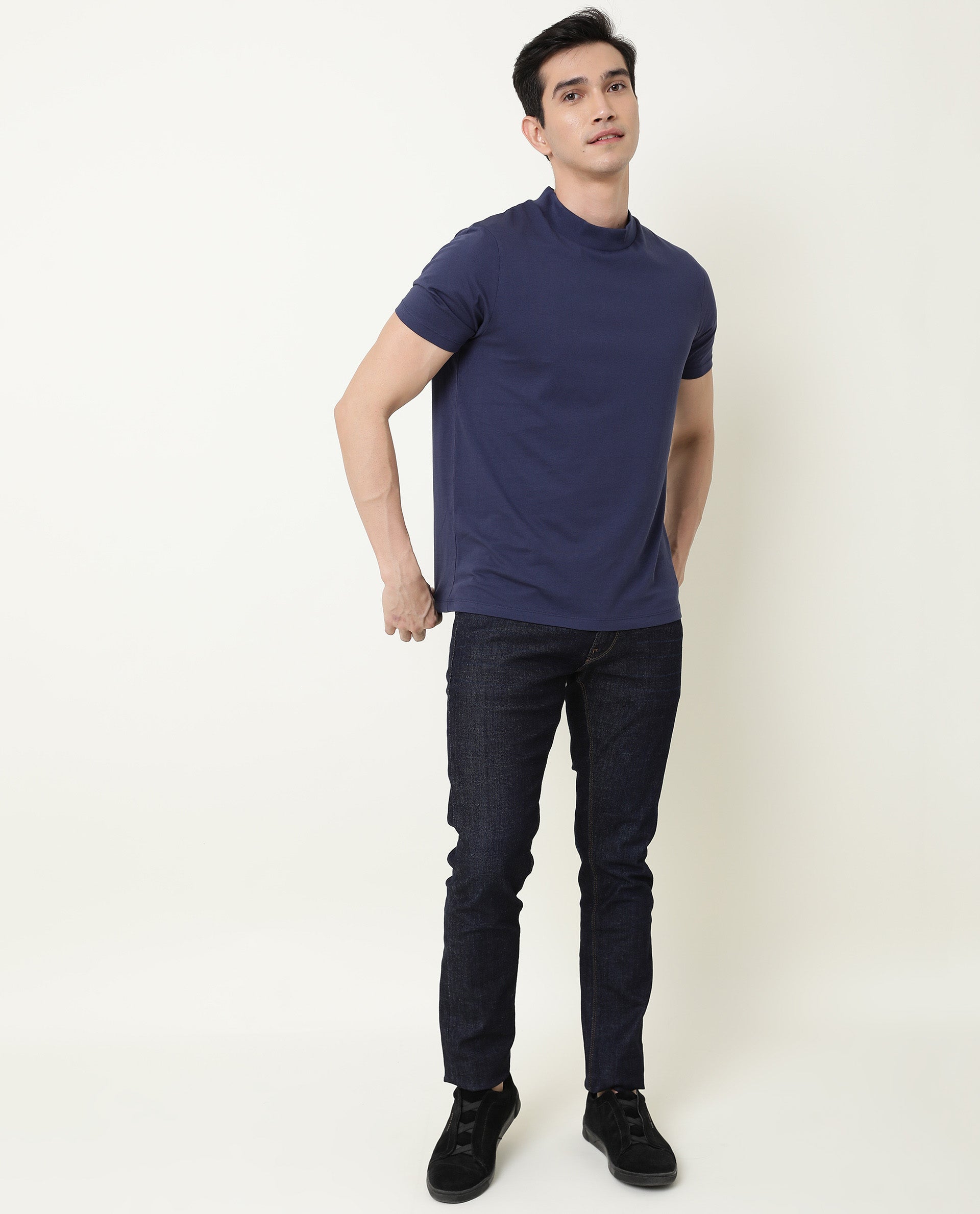 Rare Rabbit Bit Primary Navy Solid Crew Neck Half Sleeves Slim Fit T-Shirt