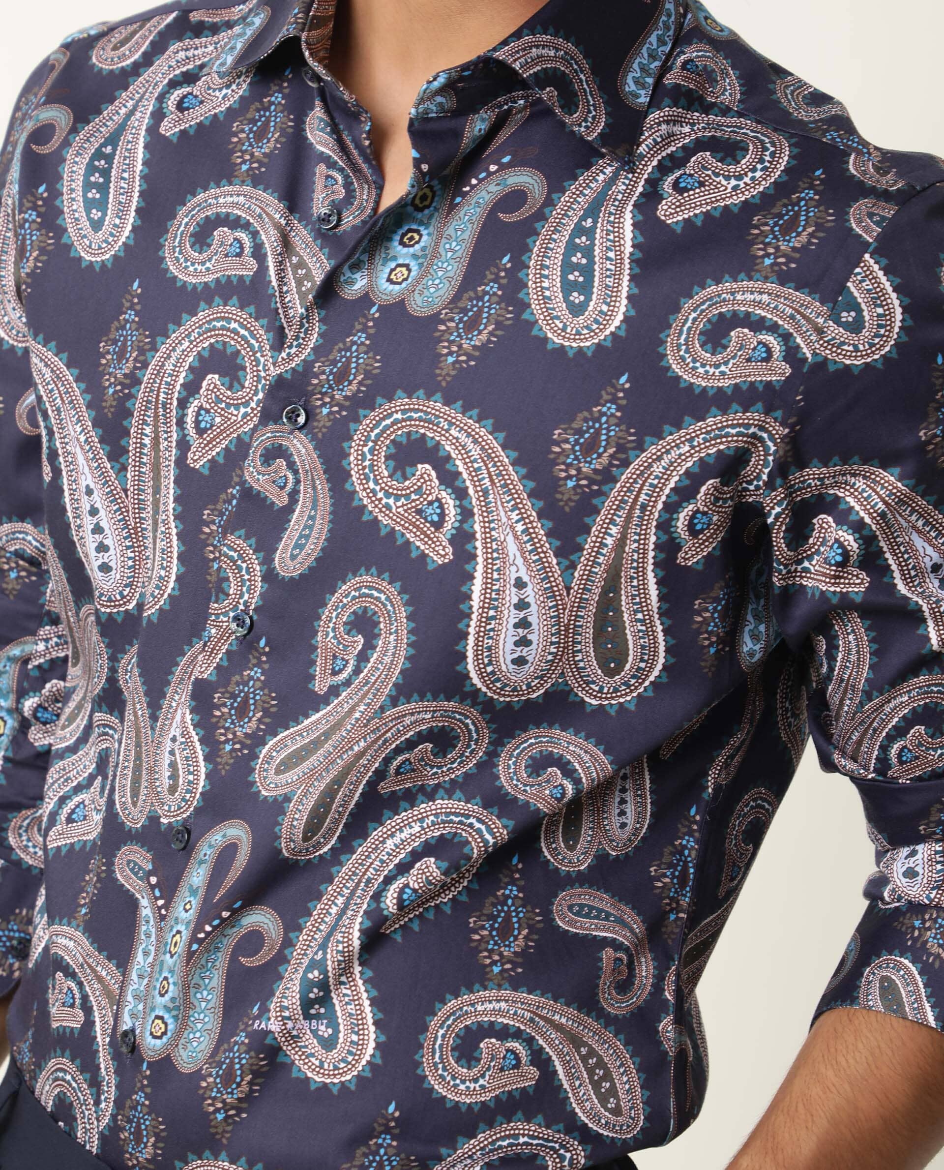 RARE RABBIT MEN'S PAZZO NAVY SHIRT COTTON FABRIC COLLARED NECK FULL SLEEVES BUTTON CLOSURE SLIM FIT