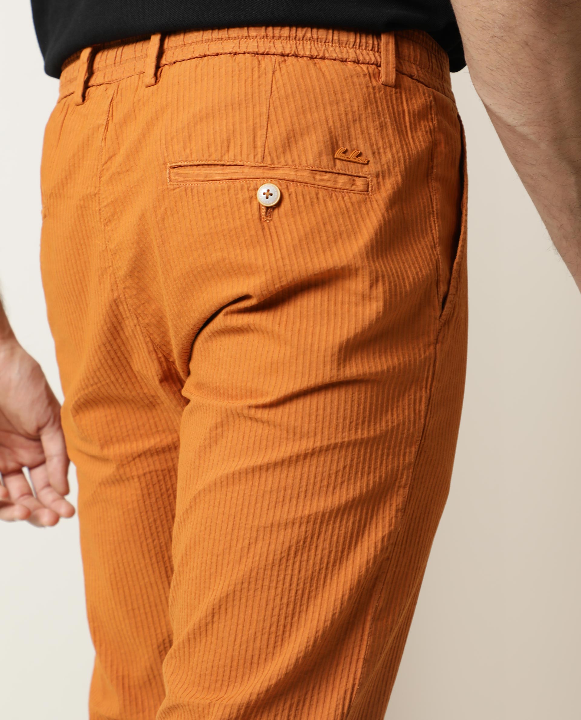 Rare Rabbit Men's Monter Orange Stripe Dobby Mid-Rise With Drawstring And Elastic Waistband Regular Fit Trouser