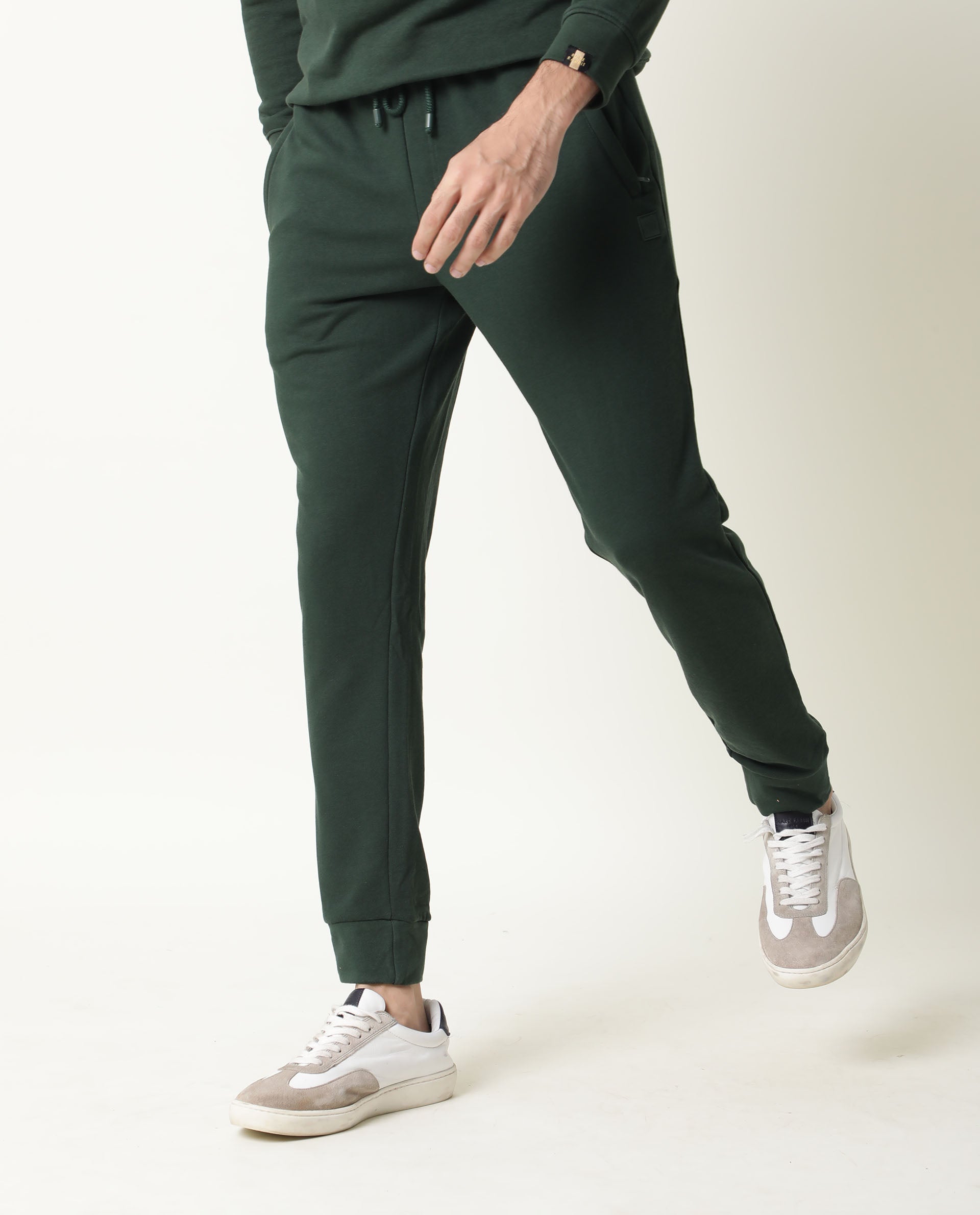 Rare Rabbit Arvon Dark Green Track Pant Cotton Poly Fabric Slim Fit Drawsting Closure