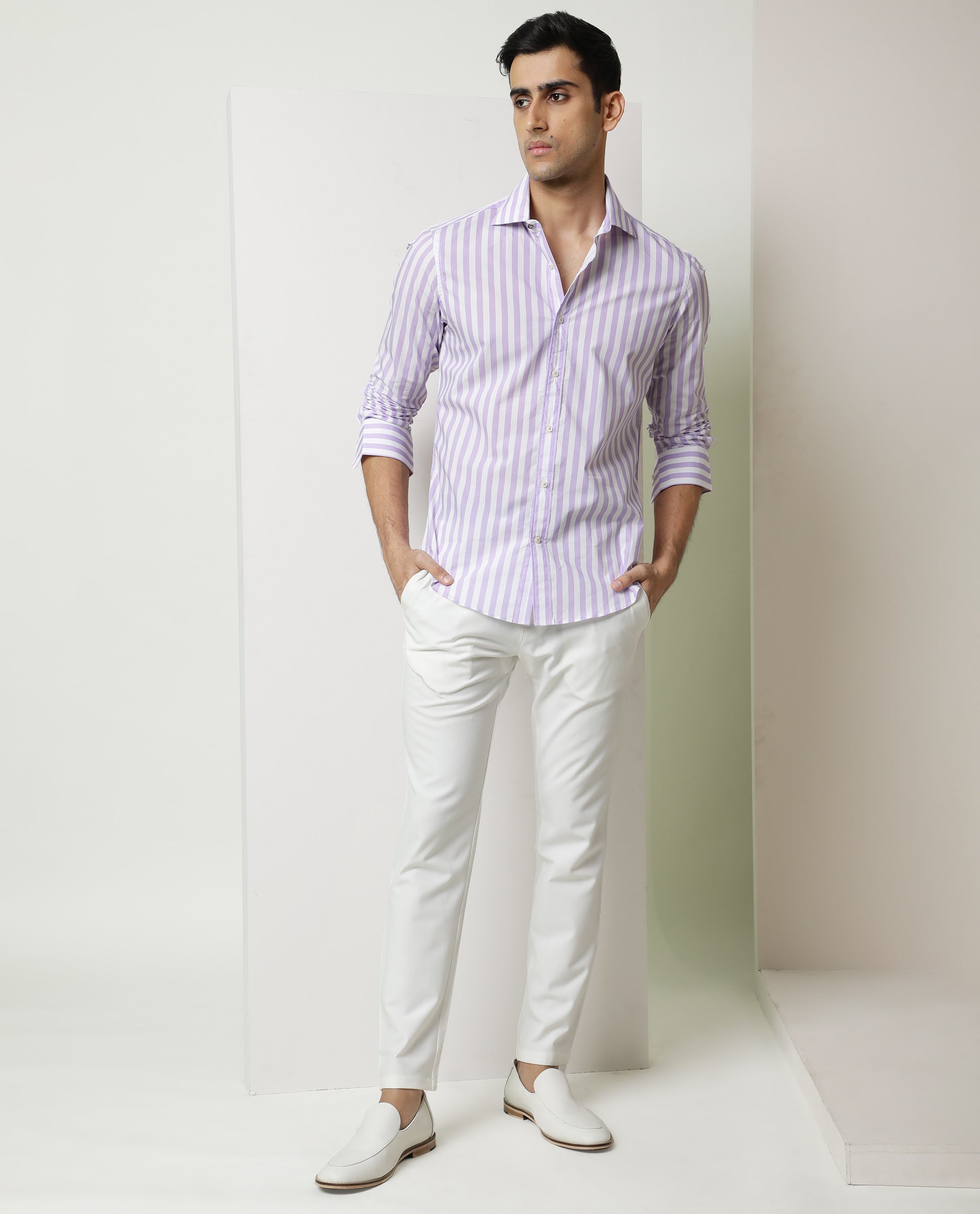 Rare Rabbit Men's Dyot Light Purple Cotton Fabric Full Sleeves Striped Shirt
