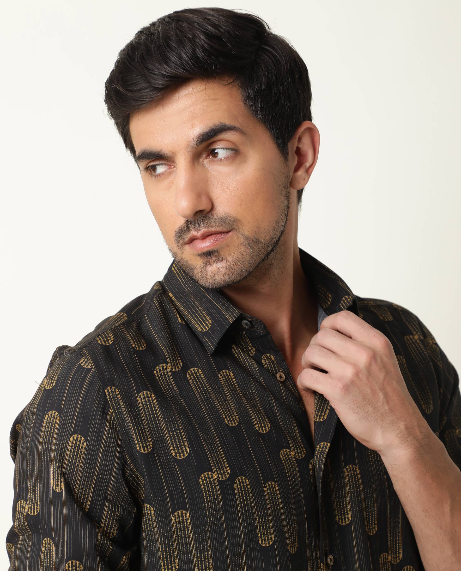 Rare Rabbit Men's Marshey Black Viscose Fabric Full Sleeves Shirt