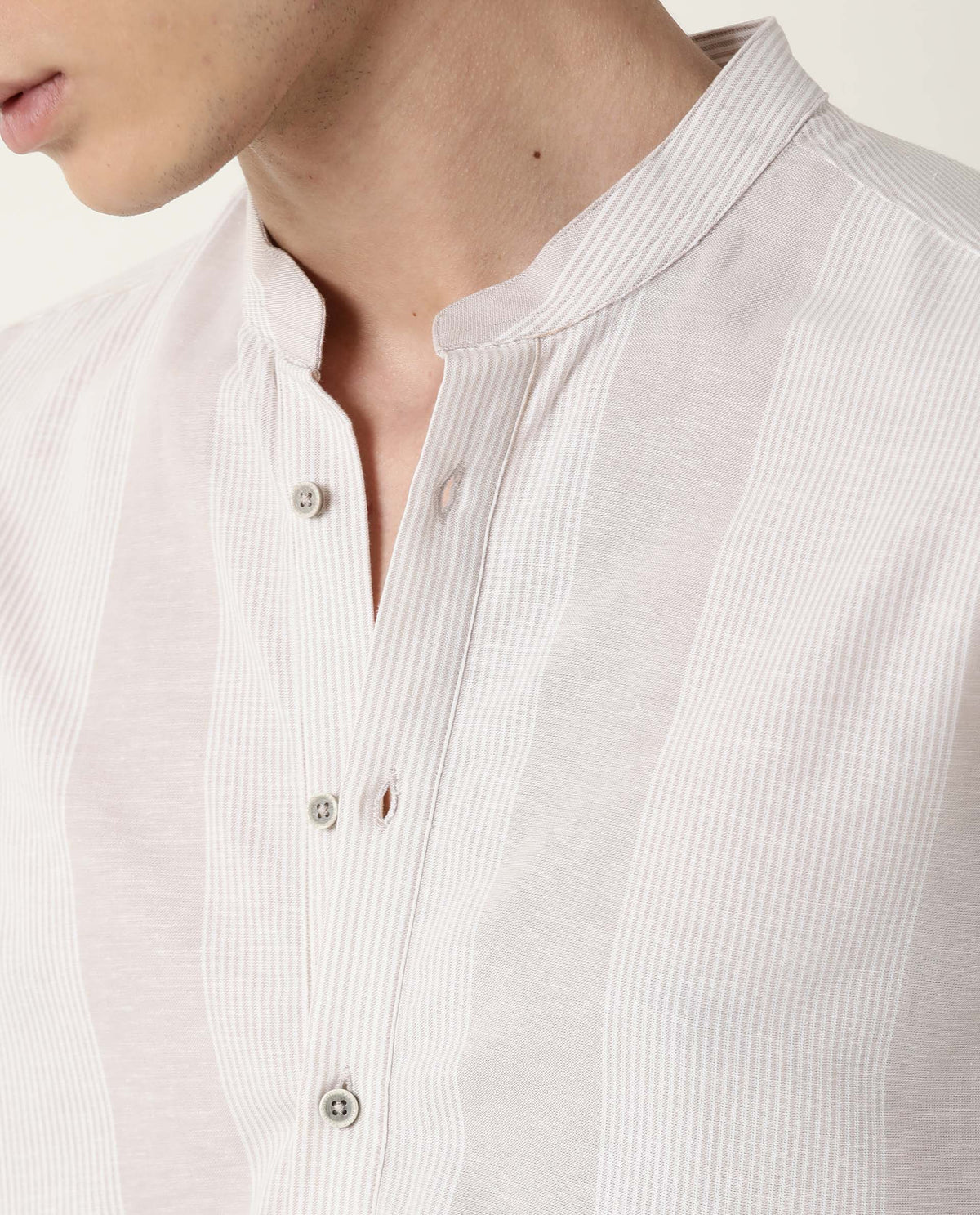 RARE RABBIT MEN'S BEIGE STRIPED COTTON LINEN BLEND MANDARIN COLLAR FULL SLEEVE SHIRT