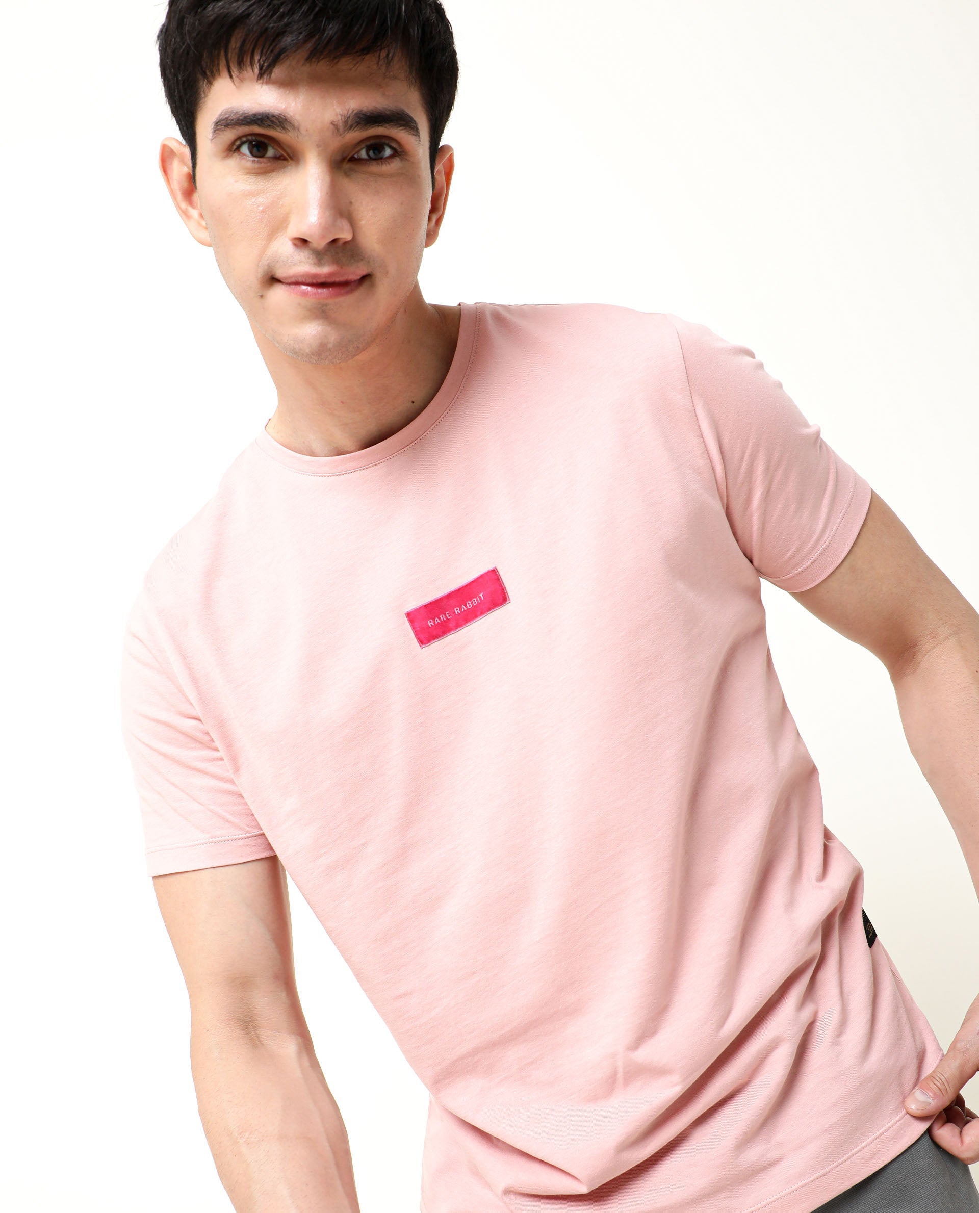 Rare Rabbit Men's Trix Peach Cotton Fabric Crew Neck Half Sleeves Slim Fit Velvet Badge Solid T-Shirt