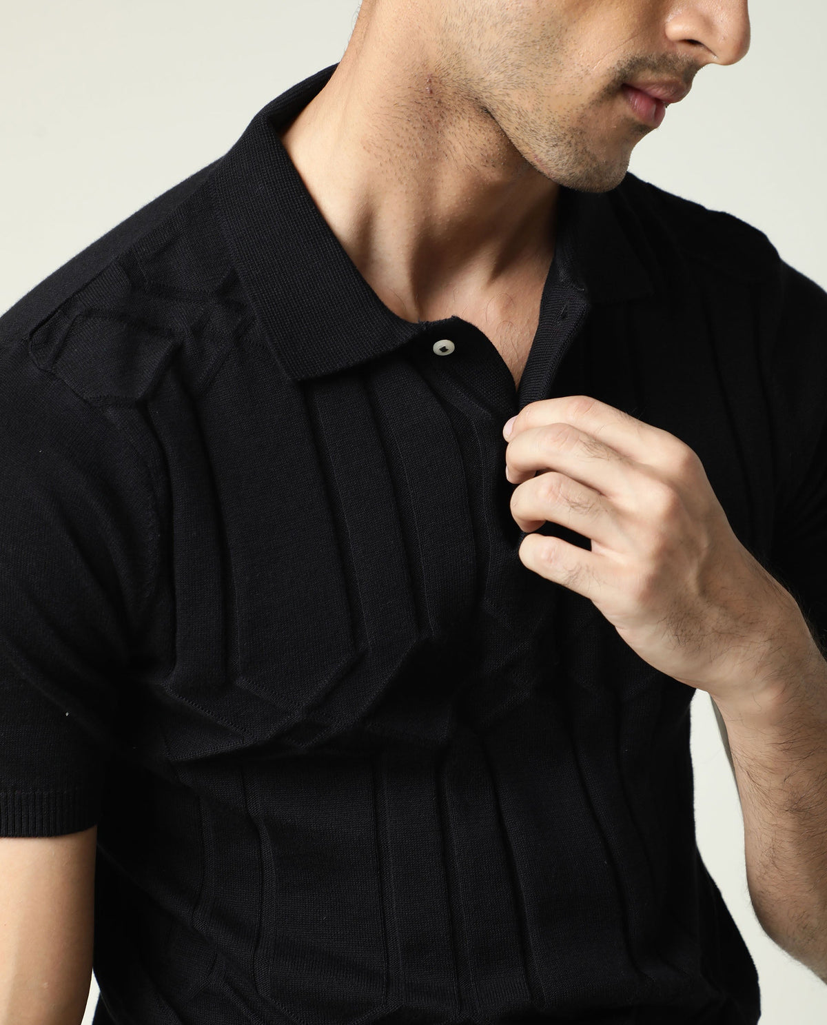 RARE RABBIT MEN'S LINK BLACK POLO COTTON FABRIC COLLARED NECK HALF SLEEVES BUTTON CLOSURE SLIM FIT