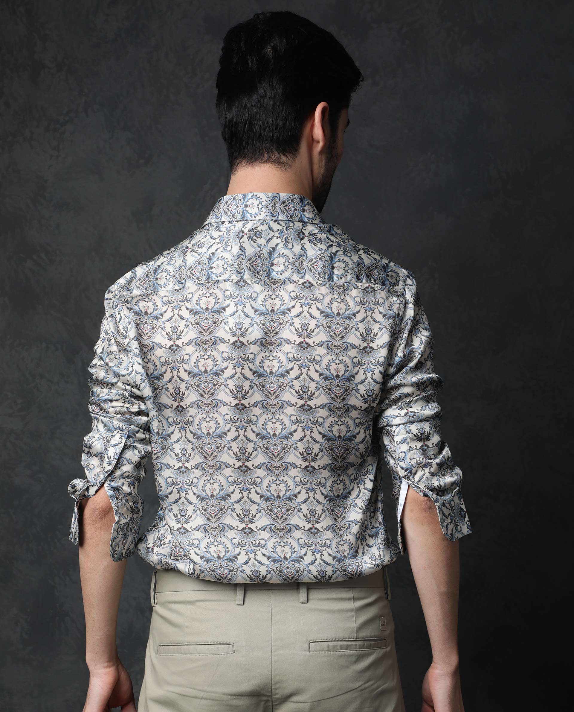 Rare Rabbit Men's Montor Beige Satin Abstract Print Full Sleeves Shirt