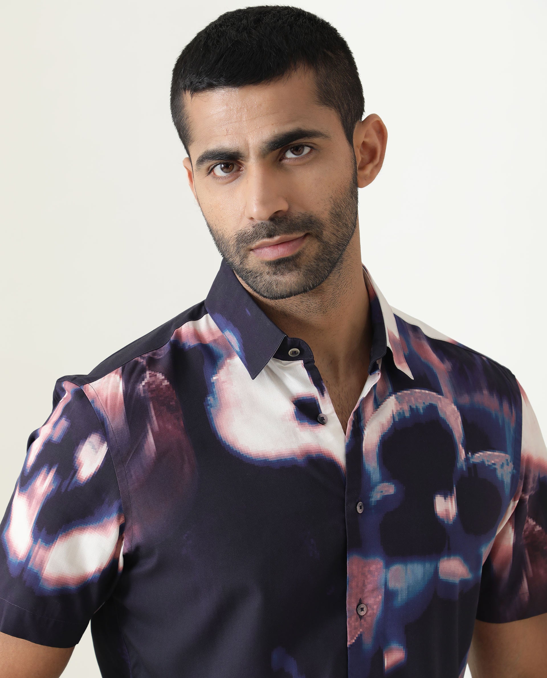 Rare Rabbit Men's Torio Navy Viscose Fabric Abstract Floral Print Half Sleeves Shirt