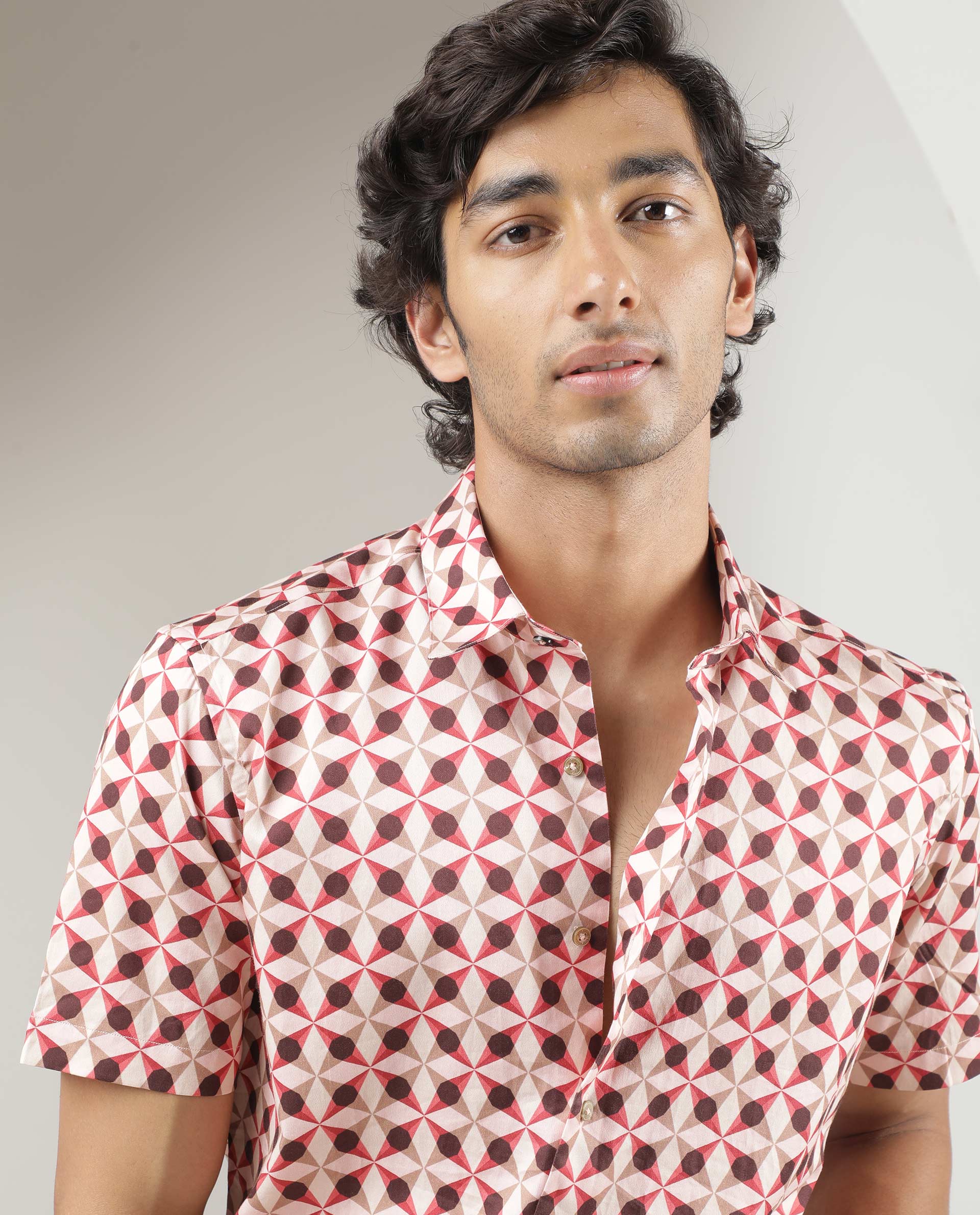 Rare Rabbit Men's Stanet Pink Cotton Fabric Half Sleeves Geometric Print Shirt