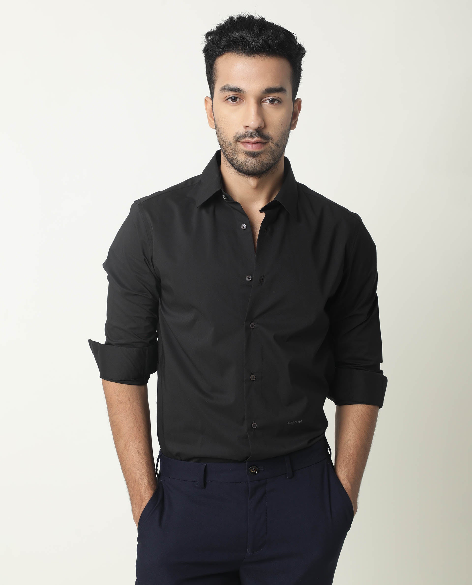 RARE RABBIT MEN'S NEUTRO LS BLACK SHIRT COTTON POLYESTER FABRIC COLLARED NECK FULL SLEEVES BUTTON CLOSURE SLIM FIT