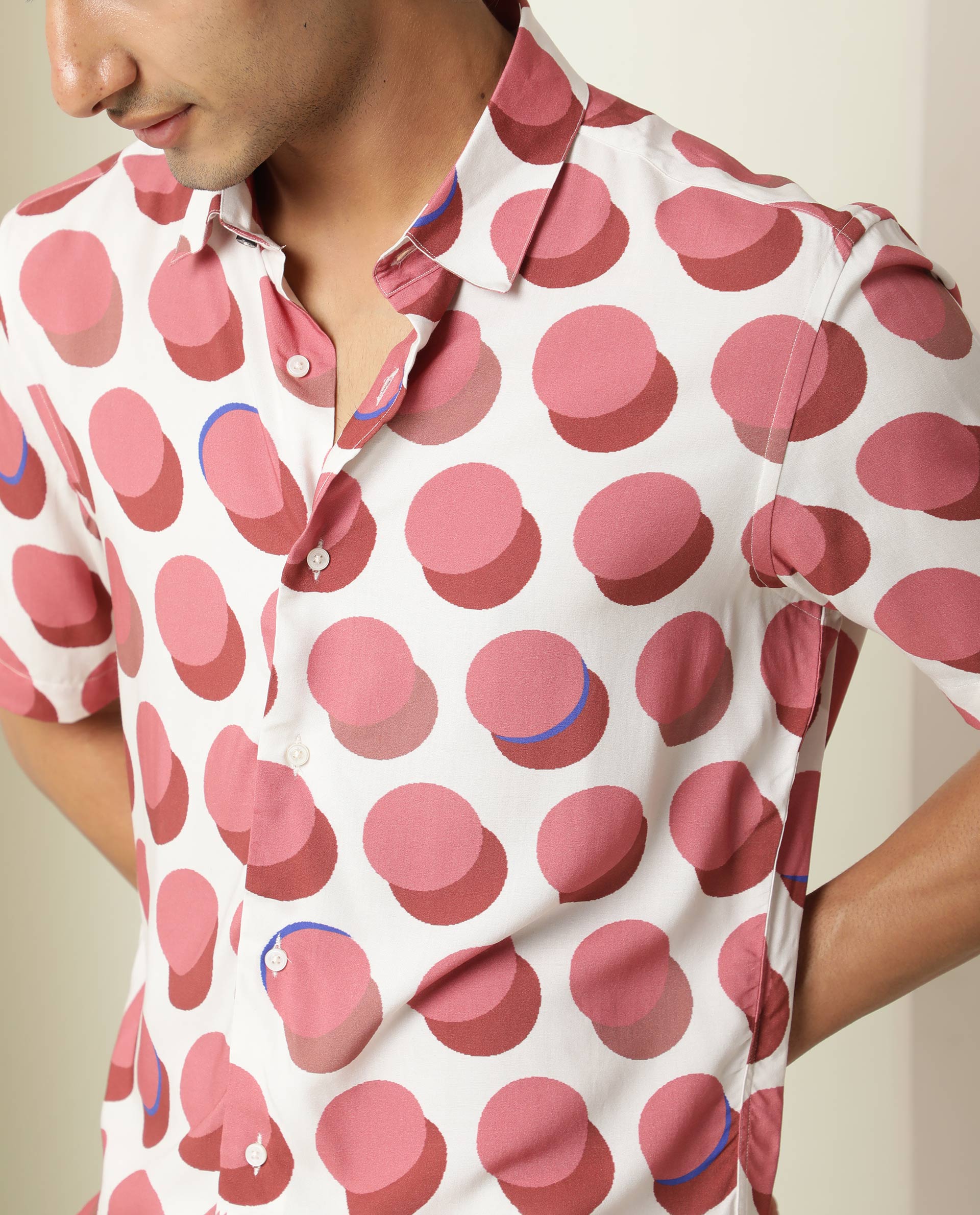 Rare Rabbit Men's Sandet Off White Viscose Fabric Geometric Print Half Sleeves Shirt