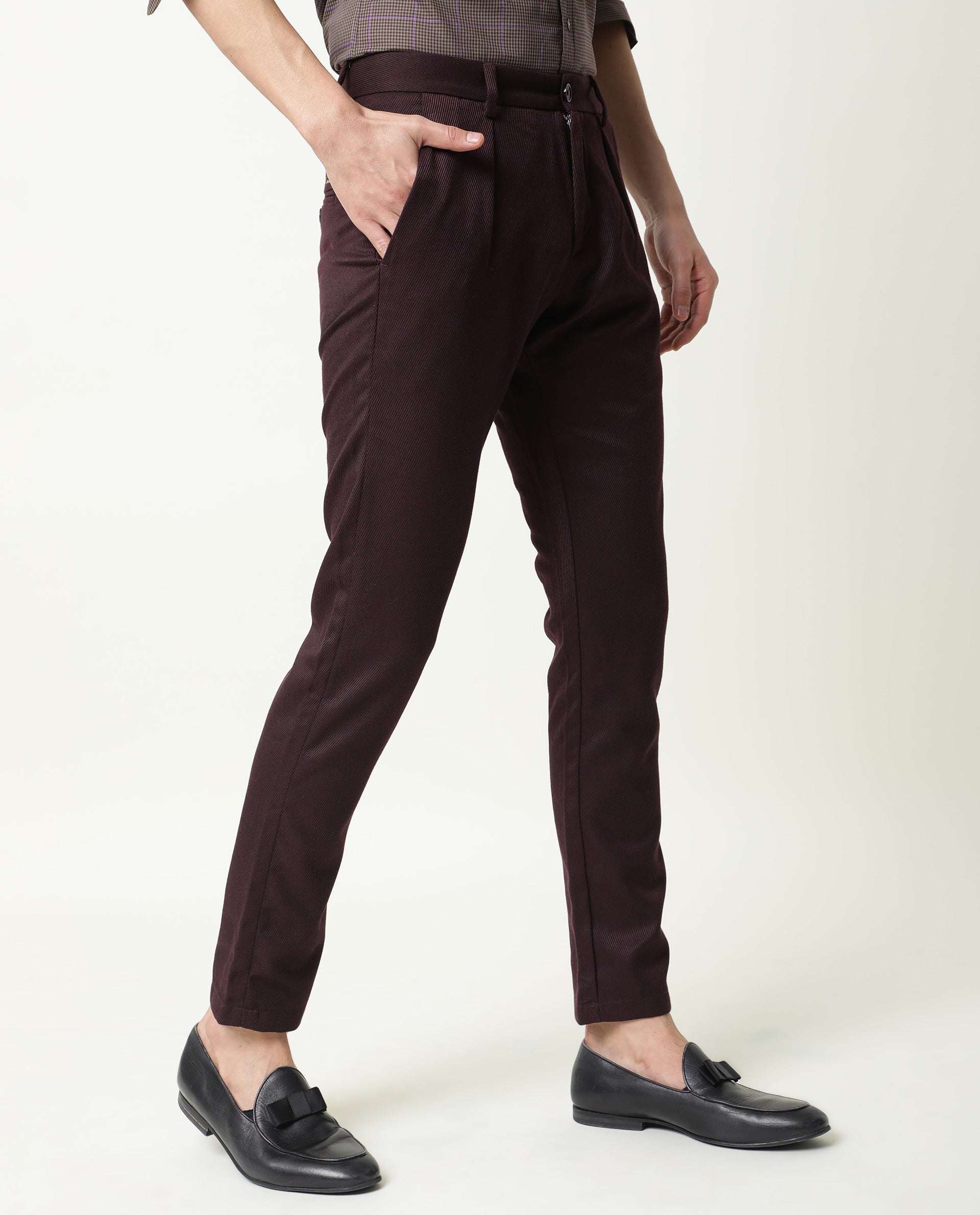 Rare Rabbit Men's Edit Dark Maroon Poly Viscose Fabric Slim Fit Button & Zip Closure Trouser