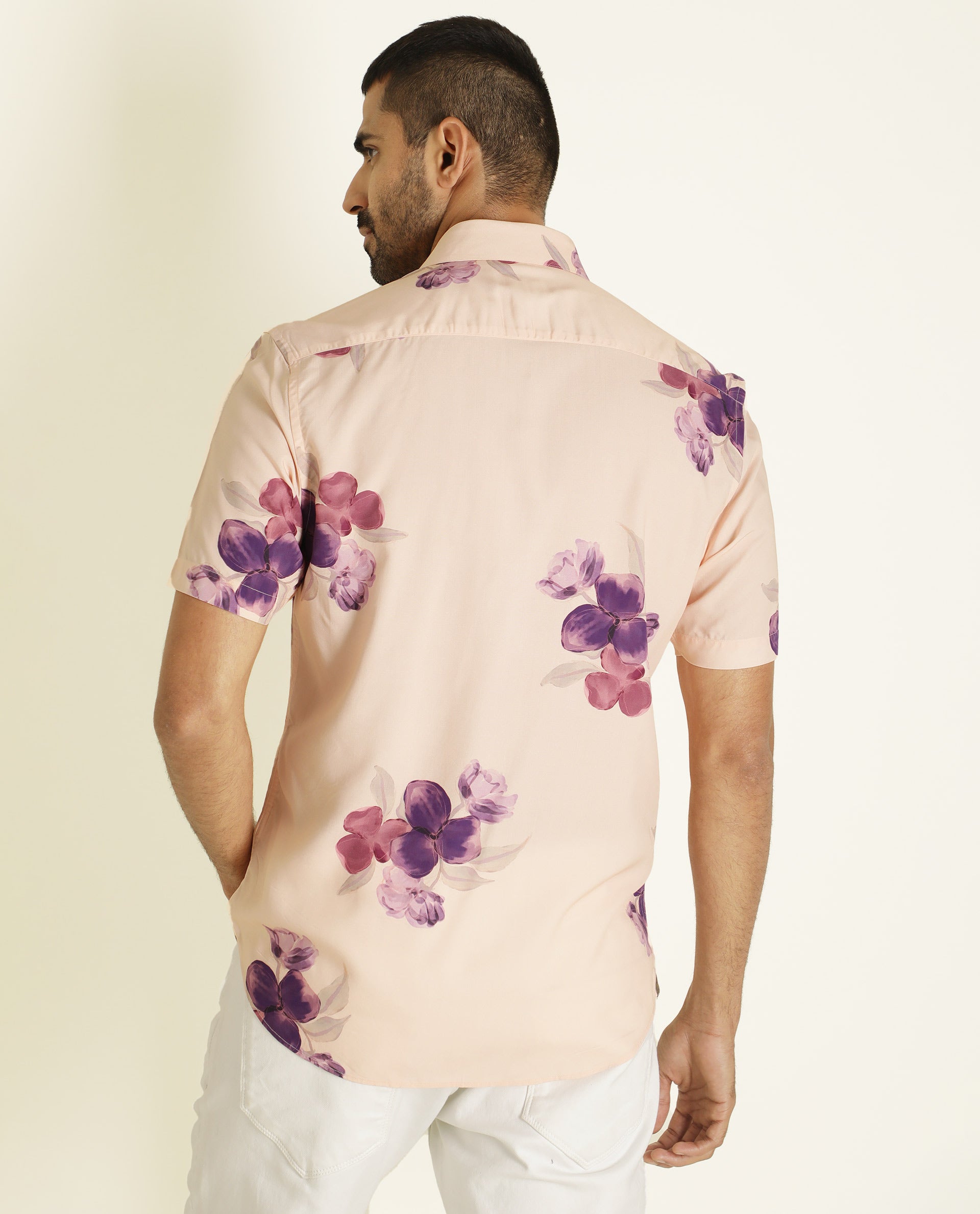 Rare Rabbit Men's Zion Beige Viscose Fabric Floral Print Half Sleeves Shirt