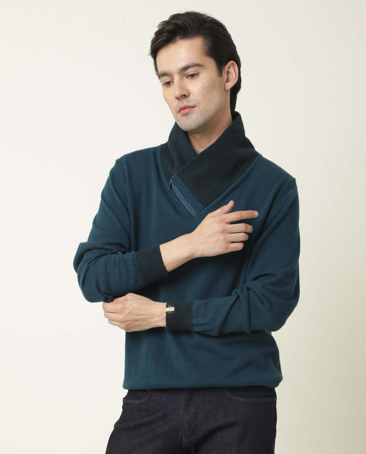 RARE RABBIT MEN'S DENVER PETROL PULLOVER COTTON FABRIC COWL NECK FULL SLEEVES ZIPPER CLOSURE SLIM FIT