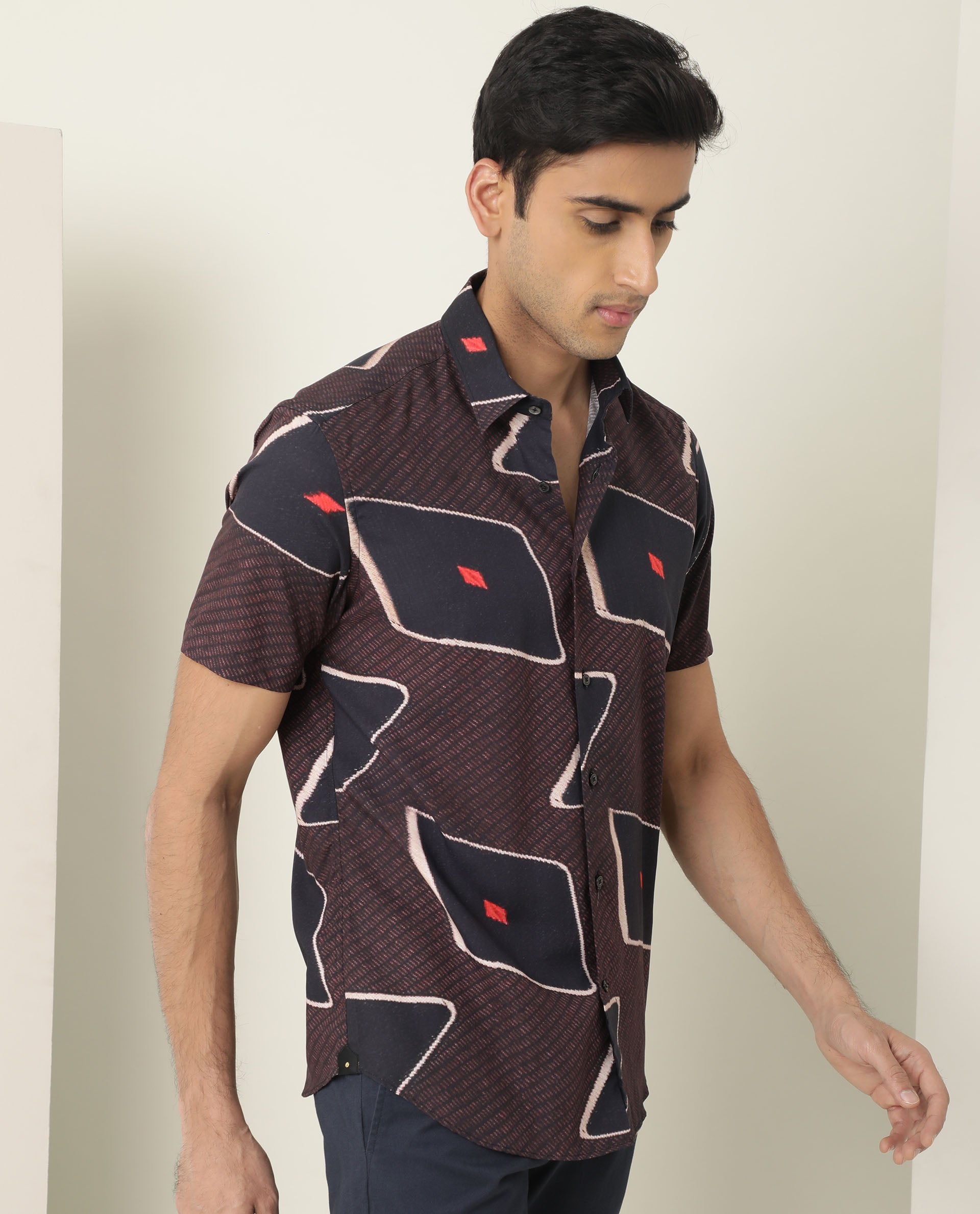 Rare Rabbit Men's Nistic Brown Viscose Fabric Geometric Print Half Sleeves Shirt