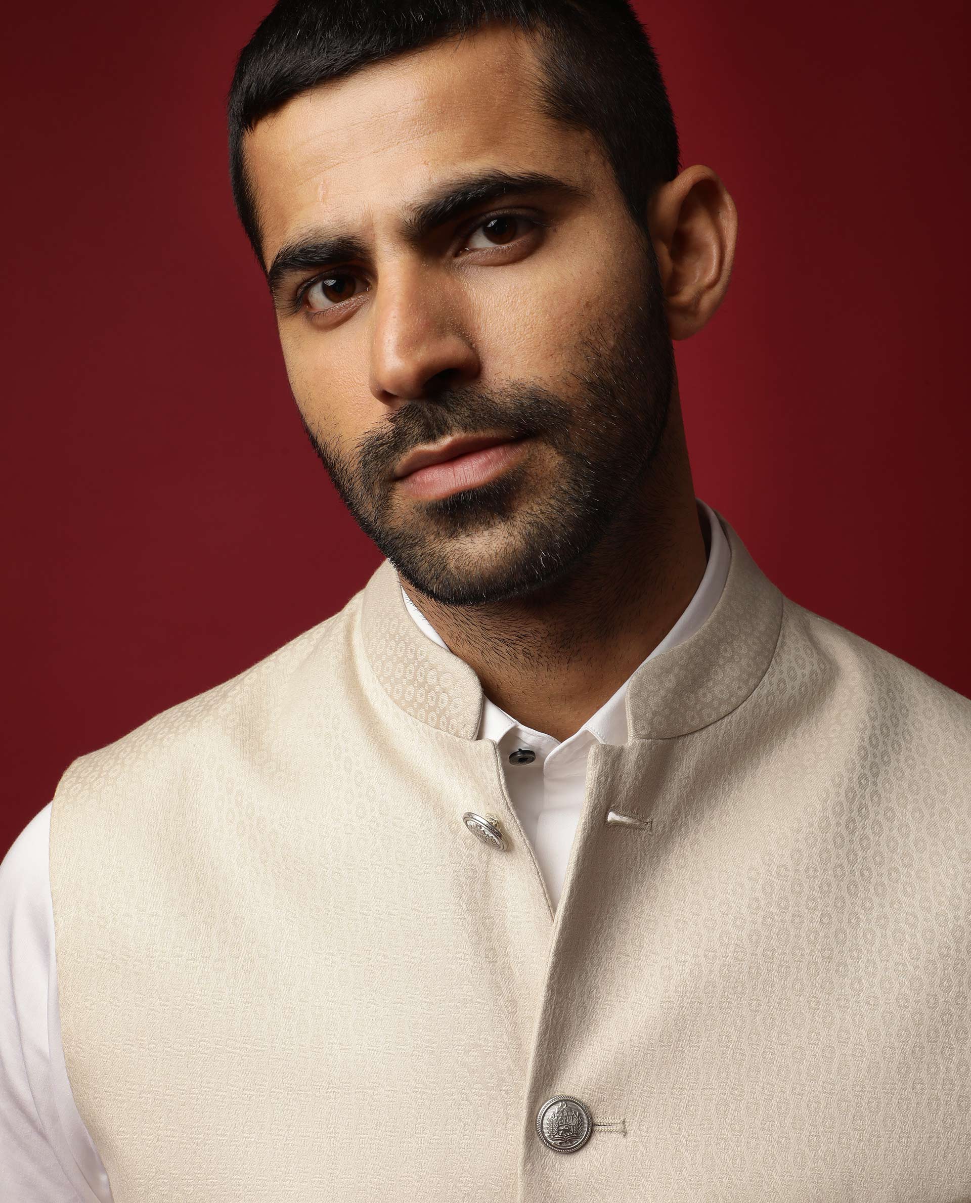 Rare Rabbit Men's Oakla Beige Mandarin Collar Tailored Fit Geometric Jacquard Bandi